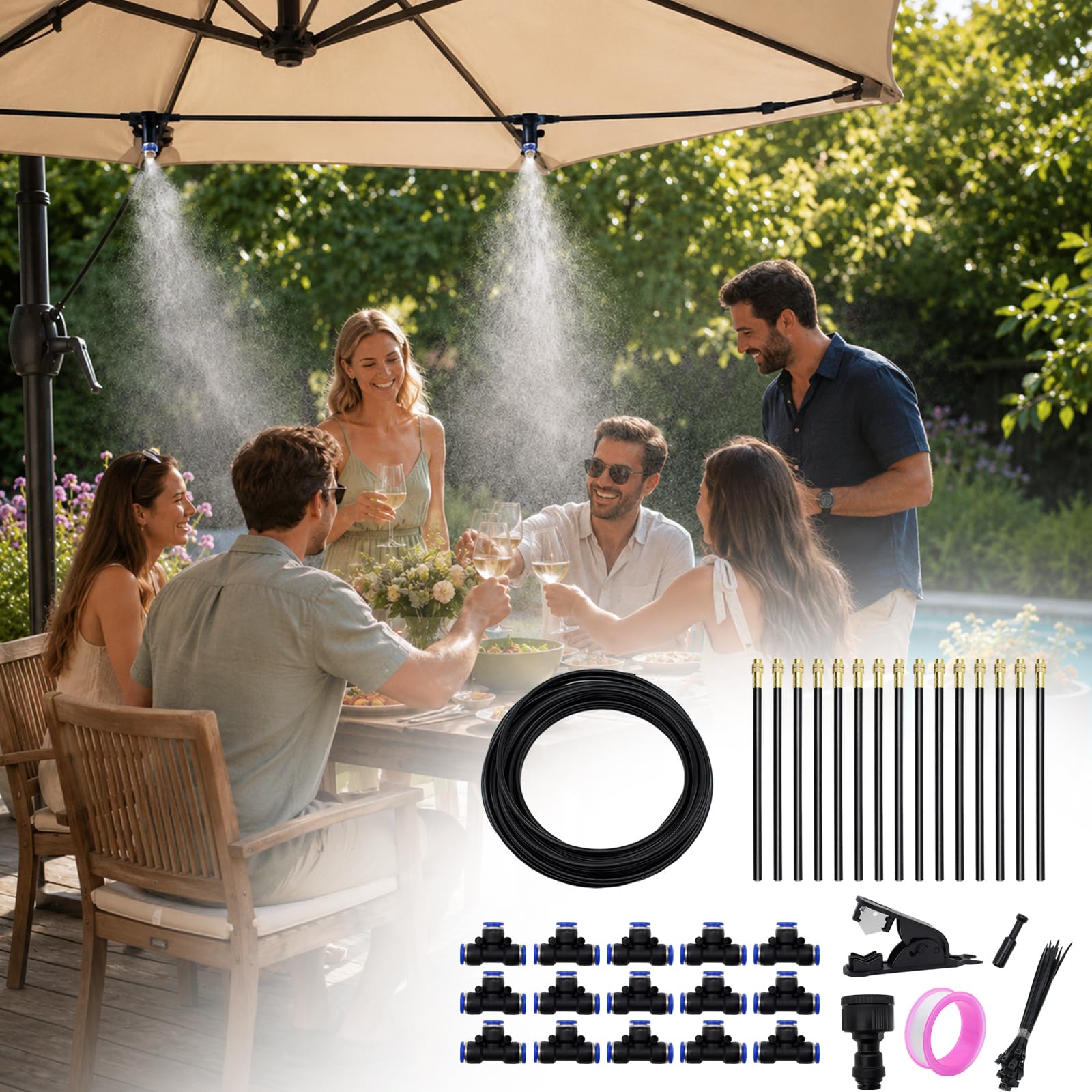 15m Sistema di irrigazione automatico per giardino, sistema di irrigazione flessibile a 360°, kit di irrigazione nebulizzata con 15 ugelli regolabili per giardino, terrazzo, prato e serra