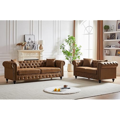 Modern Chesterfield Sofa Set for Living Room, 2 Piece Tech Fabric Furniture Sets 3 Seater Couch&Loveseat Sofa with Rolled Arms and Tufted Button, Office, Brown
