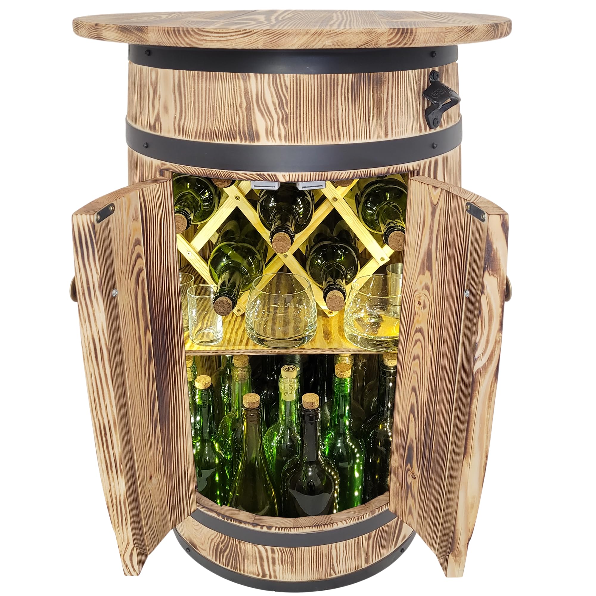 weeco Holzfass mit großer Ablagefläche und LED-Beleuchtung sowie klappbarem Weinregal für Zuhause und Gastronomie, Flaschenschrank für Alkohol, Flambiertes Holz 80x55x44 cm