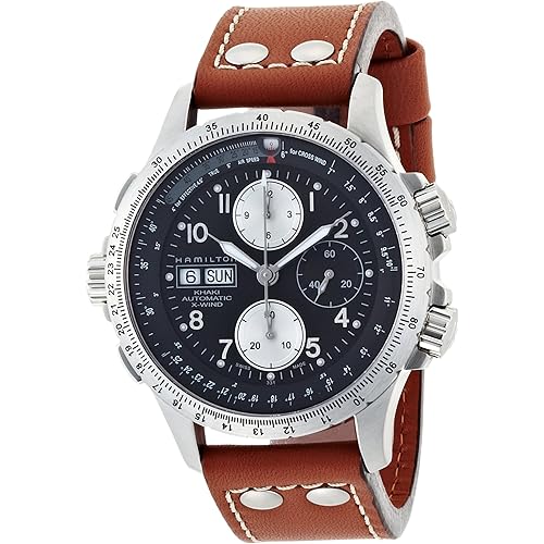 Hamilton Watch Khaki Aviation X-Wind Auto Chrono | Swiss Made | 44mm Stainless Steel Case | Black Dial Analog Watch | Brown Leather Strap (Model: H77616533)