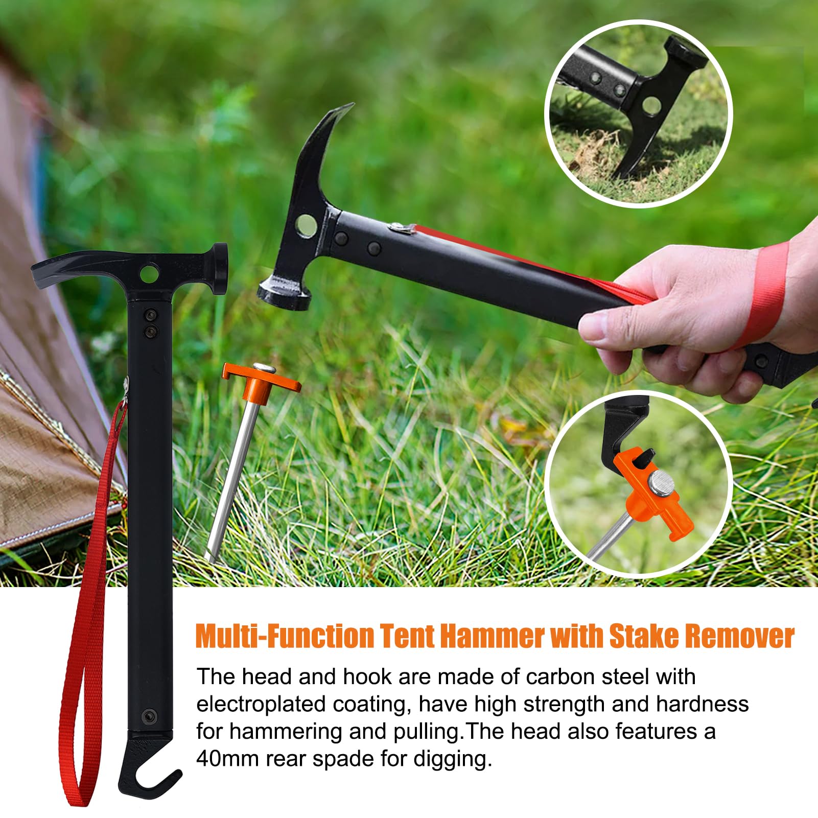 Eurmax USA Hiking Camping Tent Stakes and Hammer Set Lightweight Multi-Function Tent Hammer with Tent Stake Remover,Tent Pegs for Camping, Hiking, Backpacking, Gardening(Orange Stopper Stakes)