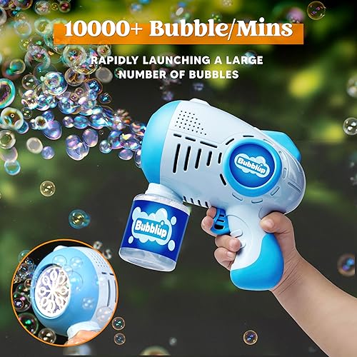 Miniatura 10 de JOYIN Paquete de 2 pistolas de burbujas iluminadas con 4 botellas de solución de recarga de burbujas, máquina automática de 10 agujeros para niños,
