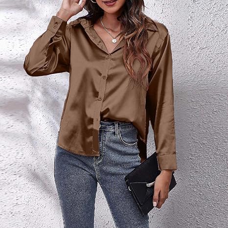 Damen Bluse Satin Seidenhemd Langarm - Elegante Button-Down Bluse Für Büro Und Freizeit