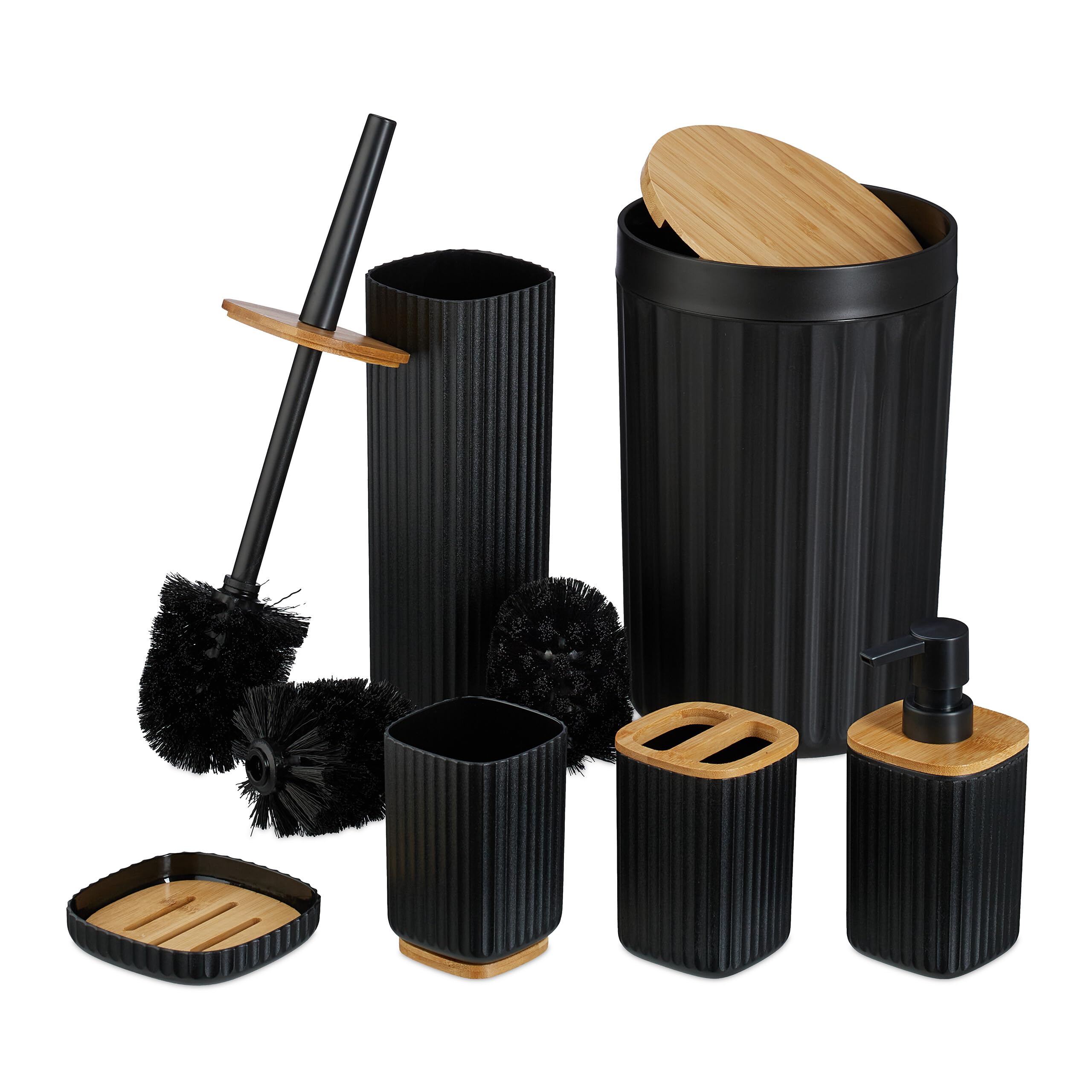 Relaxdays Set Accesorios Baño, Juego Completo Utensilios 6 Piezas, Conjunto WC, Plástico y Bambú, Negro y Natural
