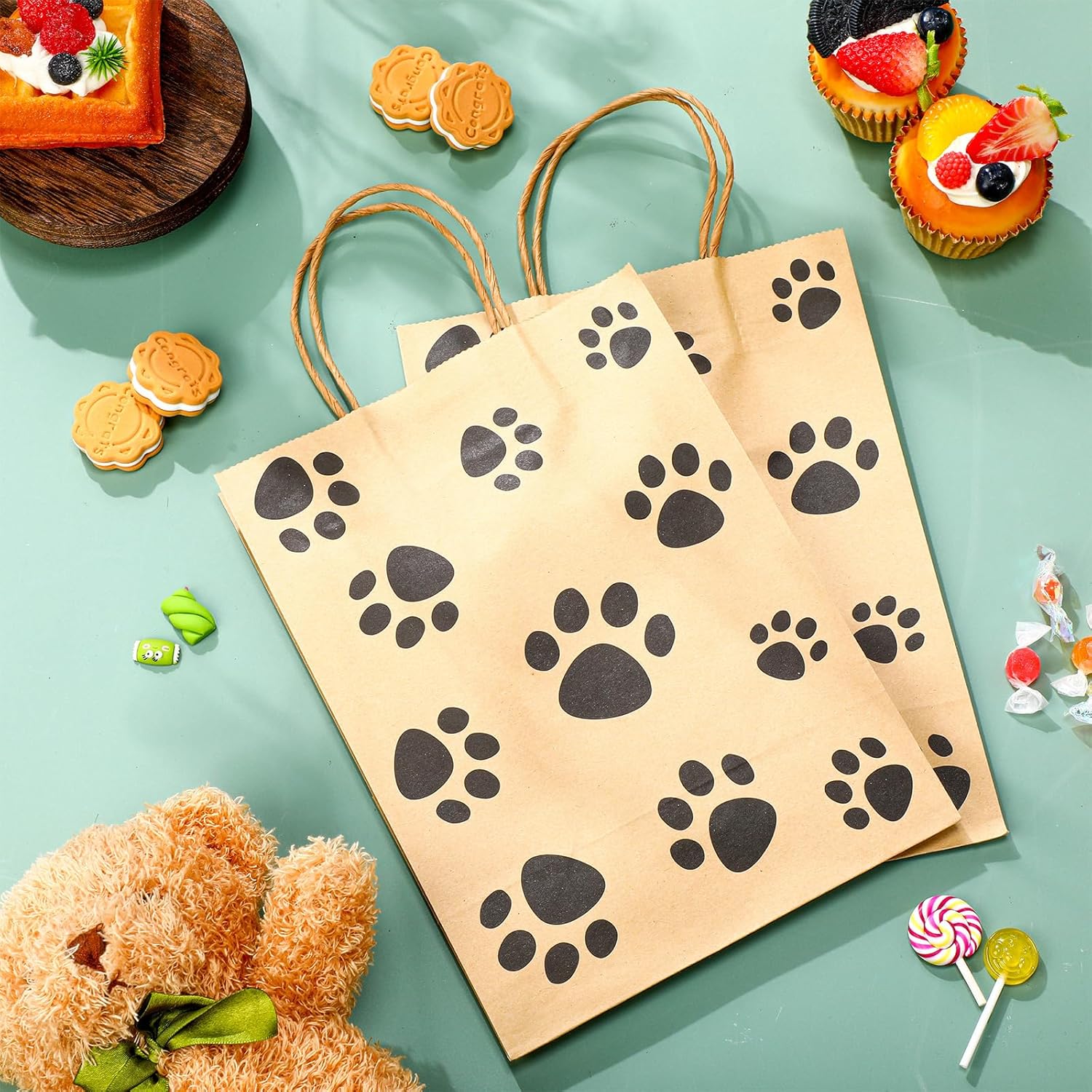 Tenceur 80 Pcs Dog Gift Bags Goodie Paw Puppy Paper Treat Bags Bulk with Handles 10.63 x 4.72 x 7.87 Inch Dog Themed Party Favors Shopping Holiday Kraft(Brown)
