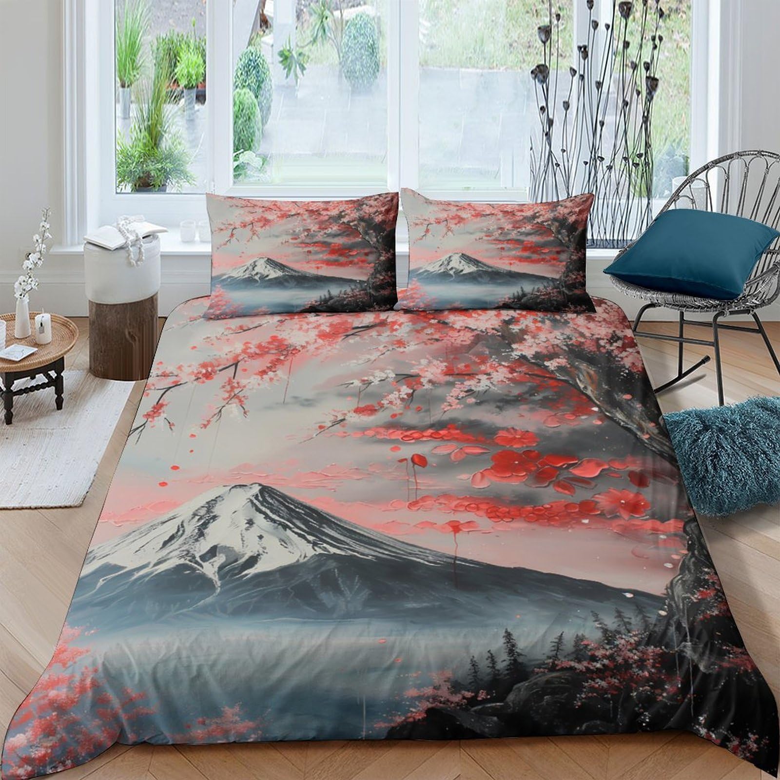 Ctjqhvkz Style-2 3D Printed Mt. Fuji Sunrise Fitted Sheet Microfiber Soft Bed Cover Cherry Blossom Mattress Cover For Bedroom Decor Single（135X200cm）