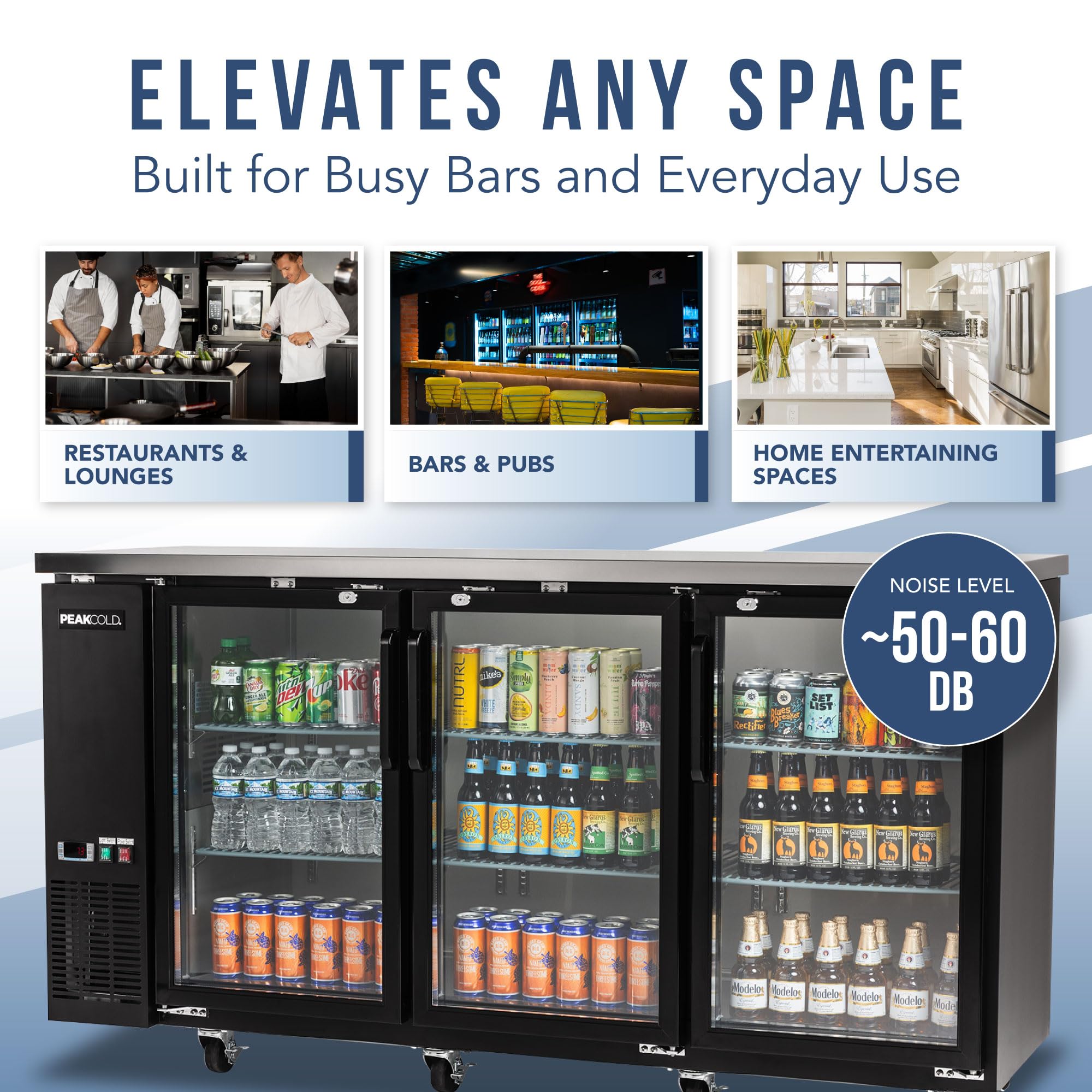 Peakcold 3-Door Counter Height Beverage Refrigerator - 72" Wide Energy Efficient Black Beer Fridge With Glass Doors & White LED Lighting - Commercial Back Bar Cooler on Fridge.com - View 5