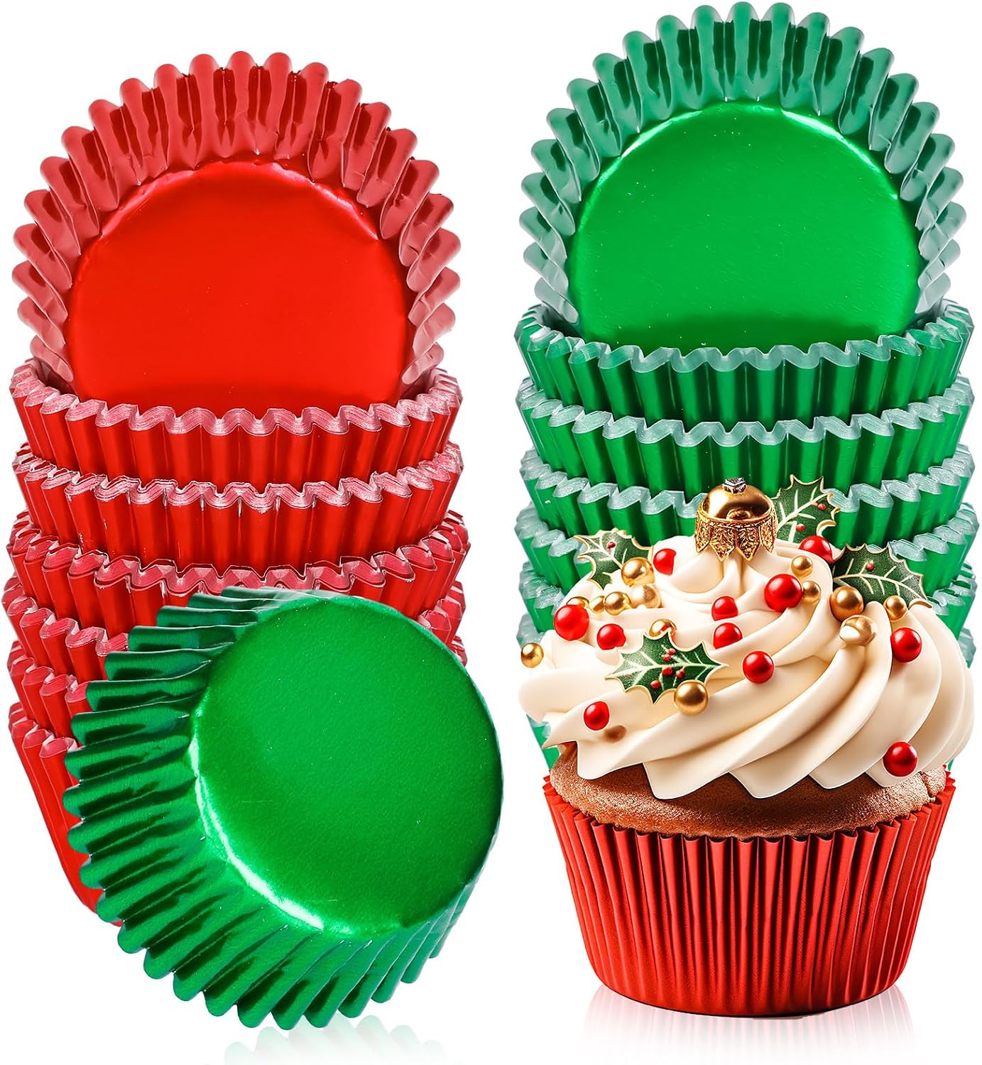 JarThenaAMCS 200Pcs Christmas Foil Cupcake Liners Xmas Red Green Foil Metallic Baking Cups Cupcake Wrappers Muffin Liners for Holiday Party Supplies