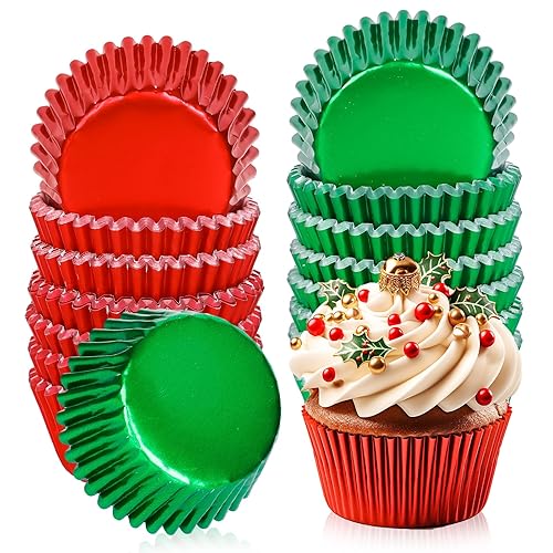 JarThenaAMCS 200Pcs Christmas Foil Cupcake Liners Xmas Red Green Foil