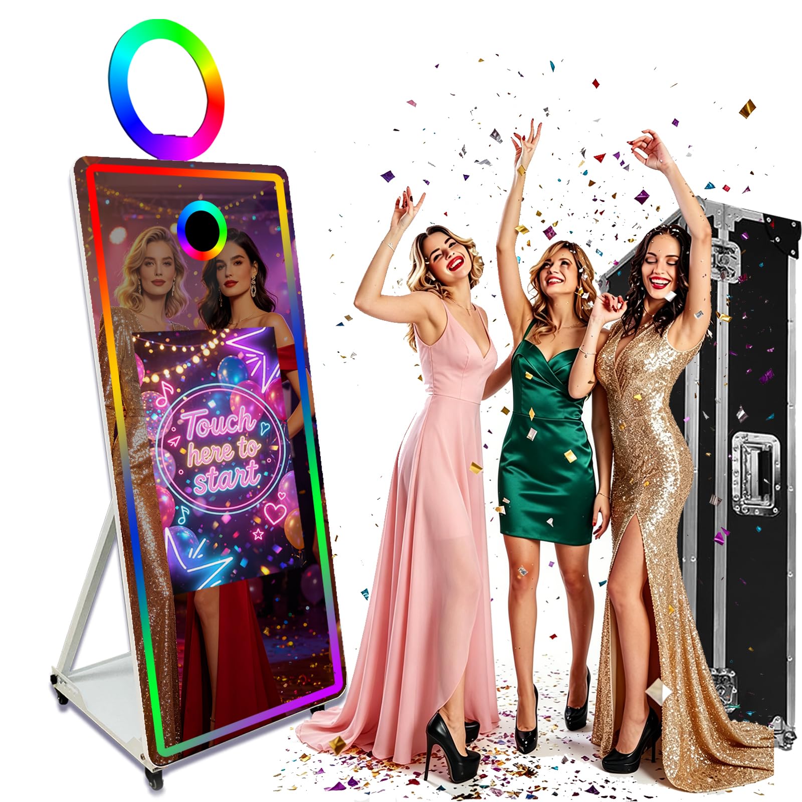 Lustrzana fotobudka do selfie, ramka LED, przenośny ekran dotykowy, magiczna budka lustrzana, maszyna na imprezy weselne (150 cm (biała) + walizka lotnicza
