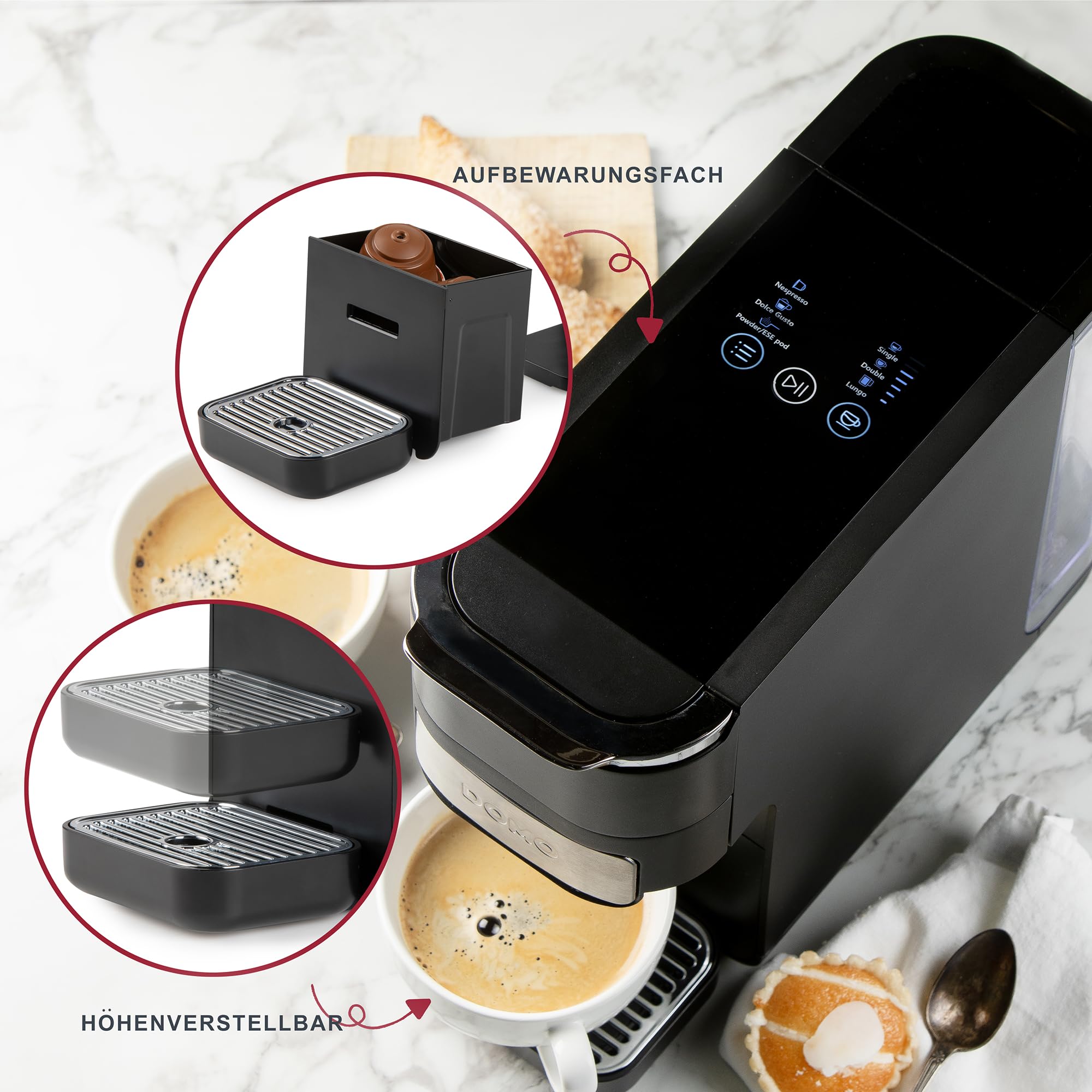 DOMO DO748K Máquina de café de cápsulas 4 en 1 – Cafetera espresso y capuchino para Nespresso, Dolce Gusto, ESE y café molido – Control táctil – Cuchara dosificadora con tamper