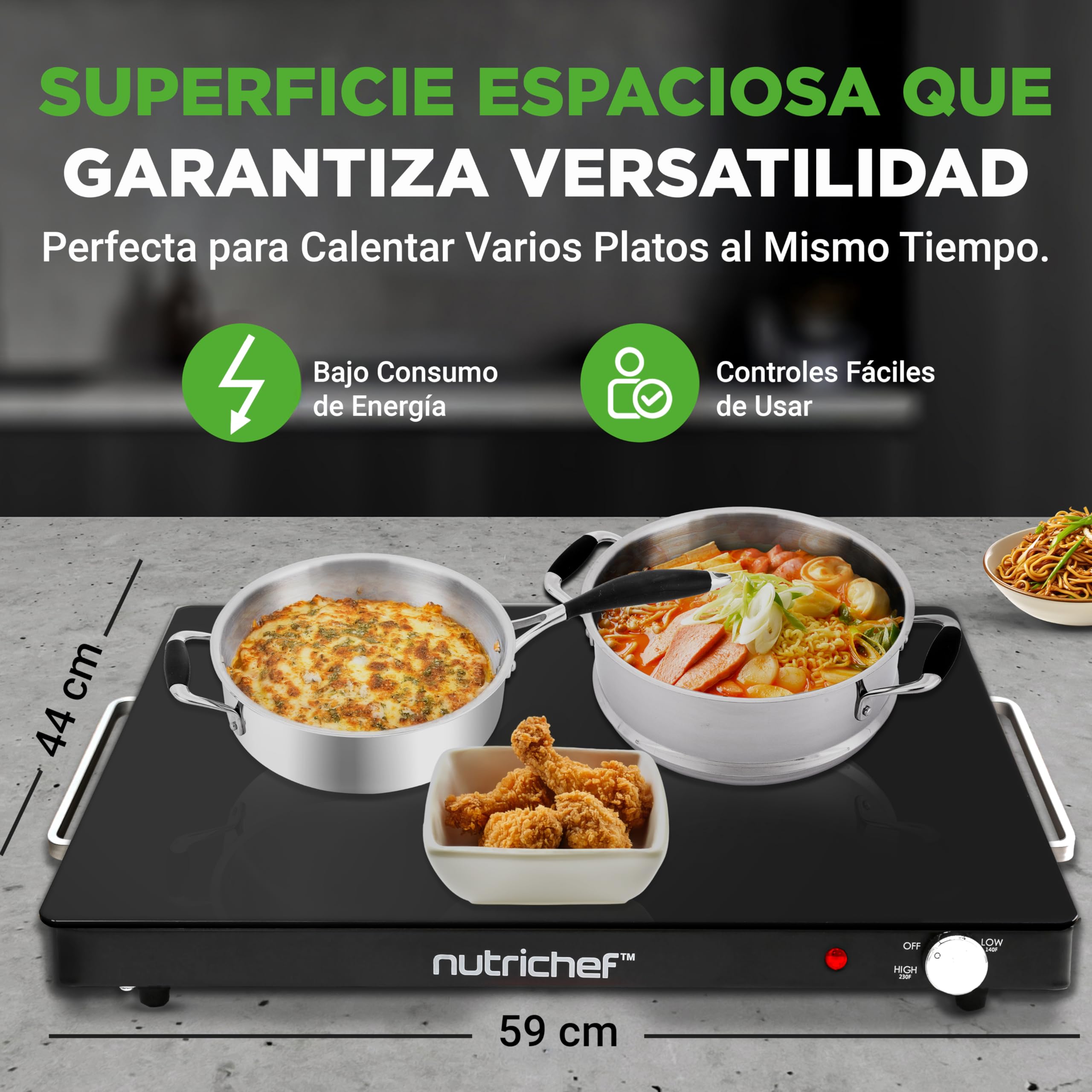 Nutrichef Bandeja Electrica, Hot Plate, de Servicio con Superficie de Vidrio, Temperatura Ajustable, Ahorro de Espacio, Ideal para Buffets, Fiestas y Mas