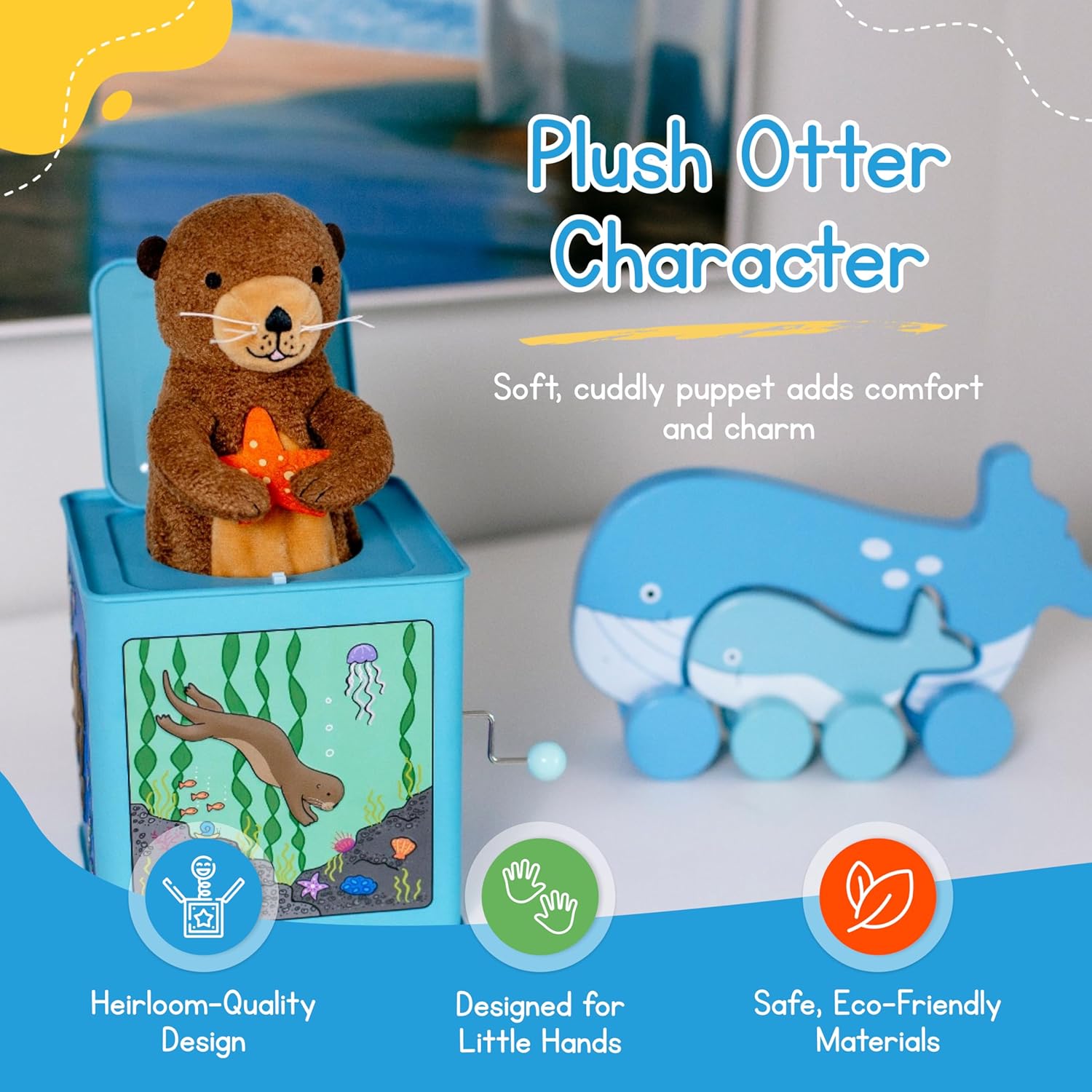 Jack Rabbit Creations My Little Sea Otter Jack in the Box Toy, Plush Otter Pop-Up, Side Crank Music Box, Classic Surprise Toy for Kids Ages 3+