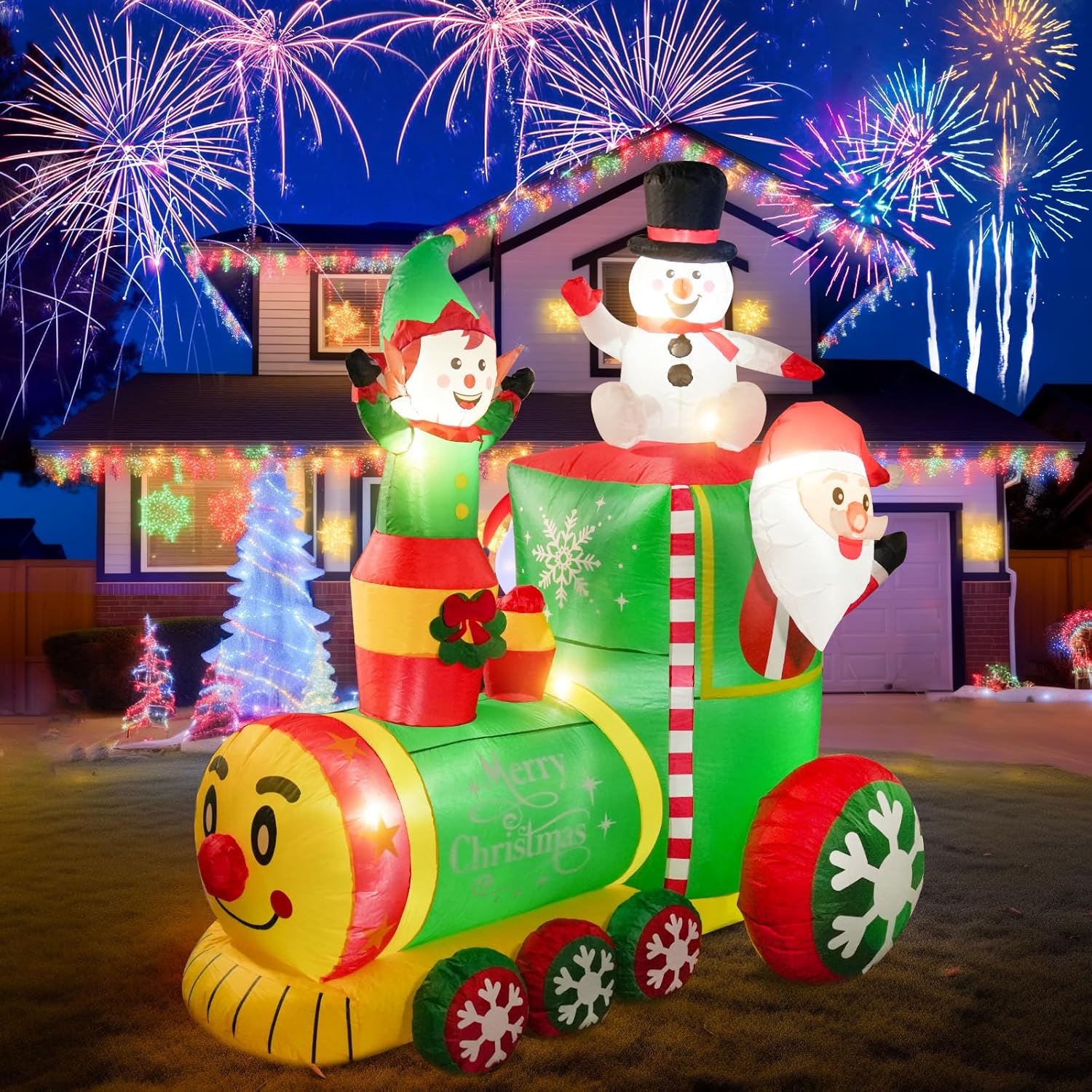 NIORSUN 6FT Train Inflatable Christmas Decorations Outdoor with LED Lights,Inflatable Santa Claus Train with Elf and Snowman,Giant Clearance Christmas Blow Ups Yard Decor for Indoor Outdoor Xmas Party 6FT Train with Elf and Snowman