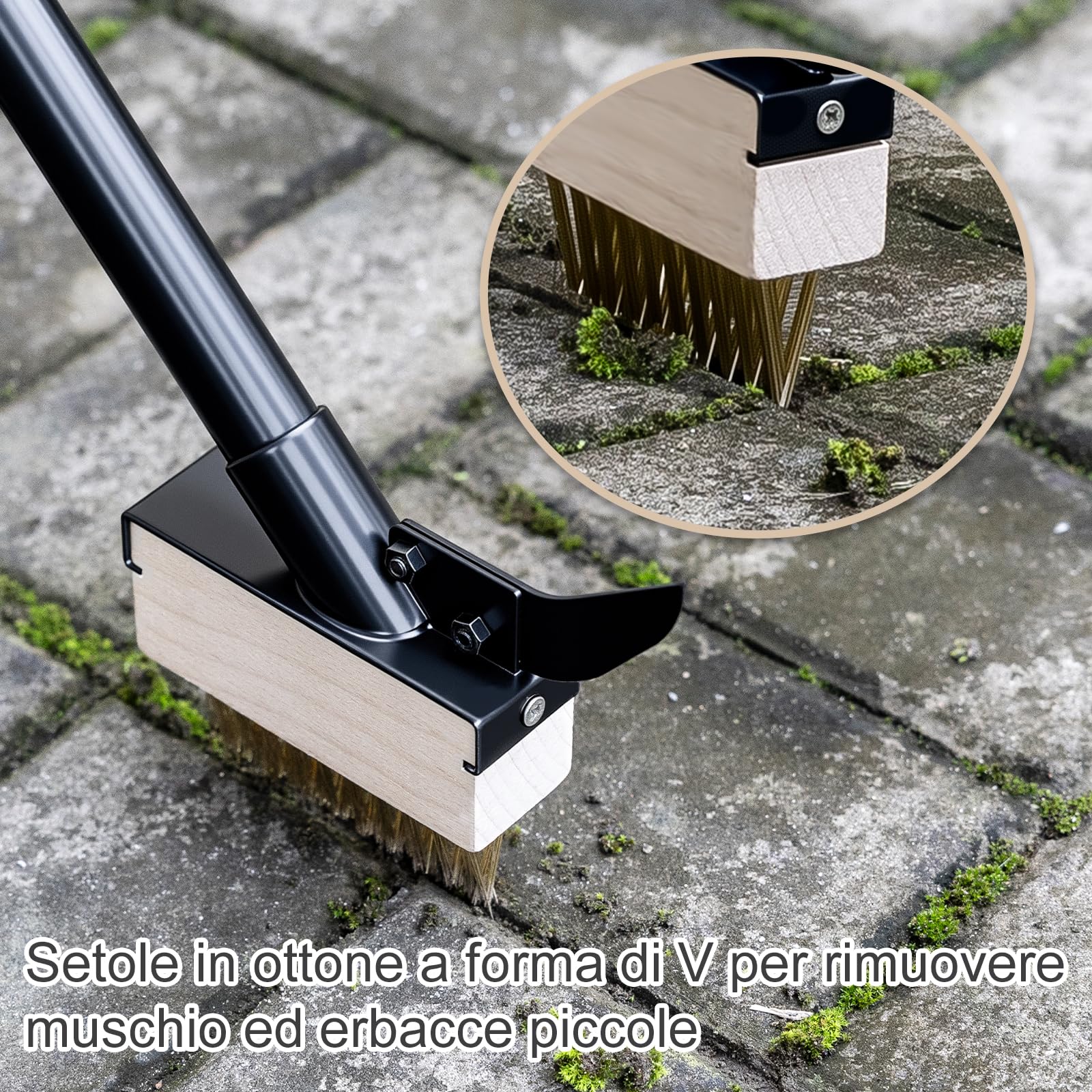Mitclear Spazzola per Rimuovere delle Erbacce con Manico Lungo(128cm), Attrezzi Giardino con Spazzola Metallica e Raschietto, Rimuove Erbacce e Muschio da Fughe Strette e Larghe(4 Spazzole)