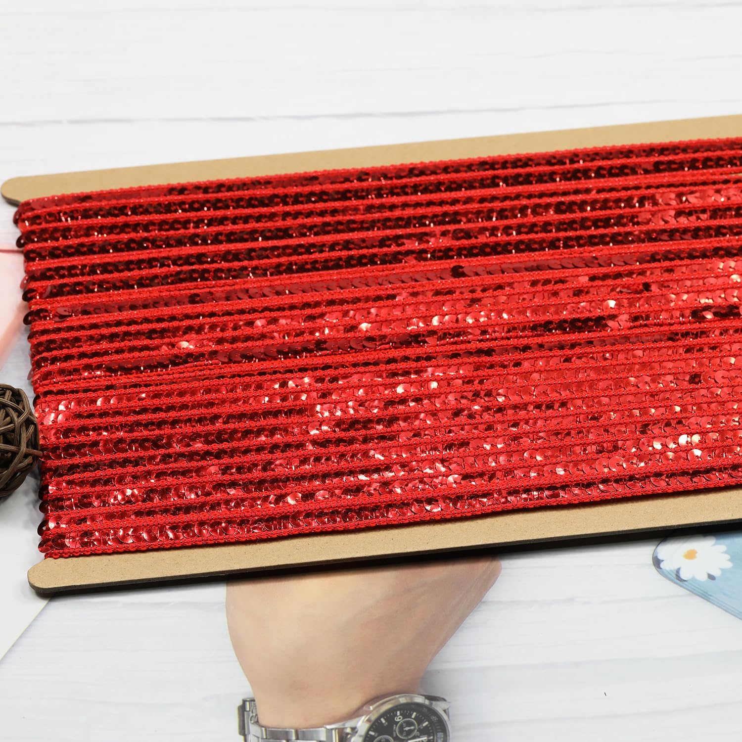 Sequin Ribbon Trim Polyester Braided Ribbon 12 Yards 12mm Wide Lace Trim for Sewing Crafts Clothing Curtains Accessories Lampshade Home DIY Decoration (Red)