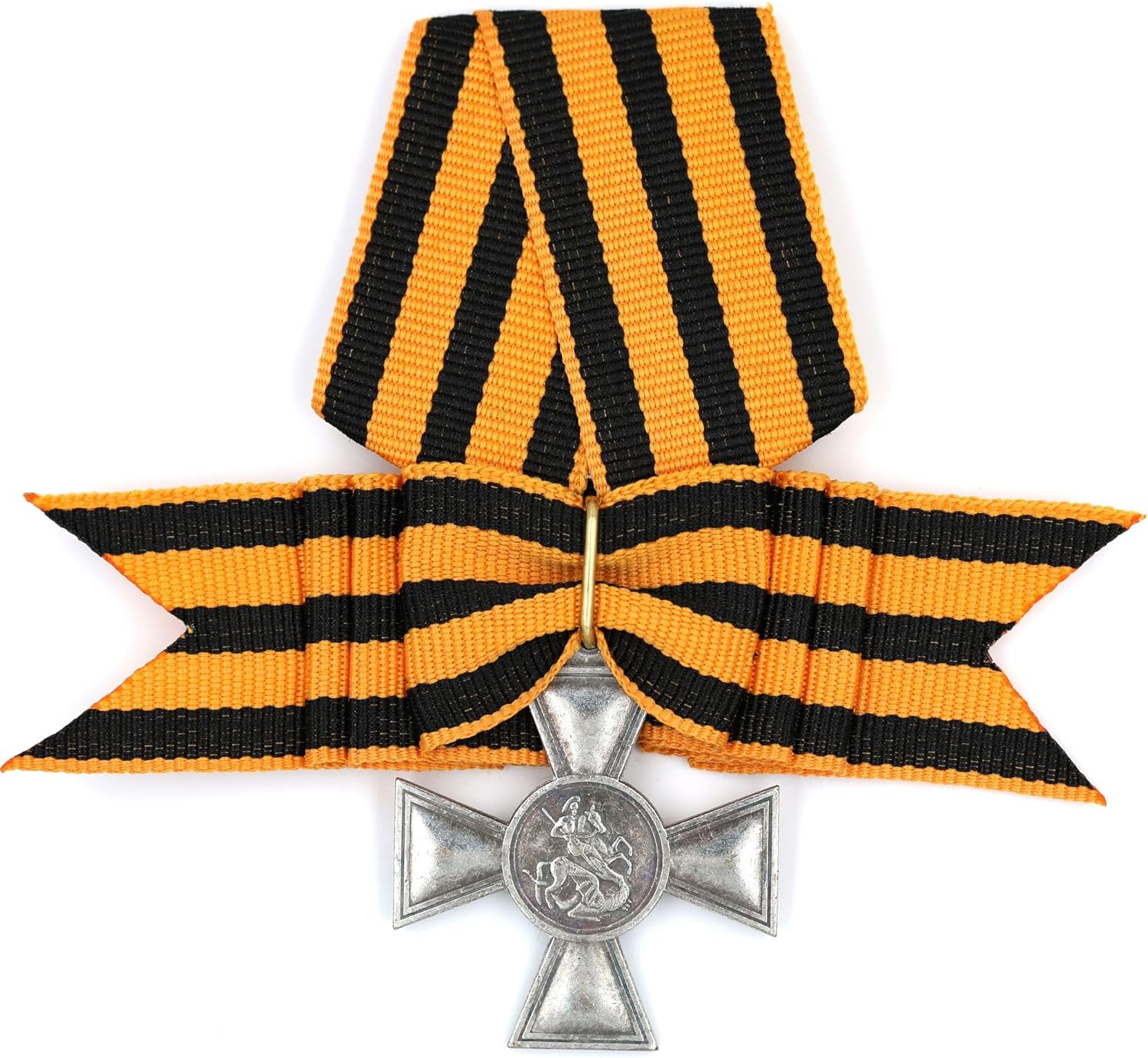 Imperial Russian Empire St. George Cross 3rd Class Replica w/Bow Ribbon – Silver-Tone Pin-Back Medal Reproduction, “3 степ.” Marking Collectible Display Piece