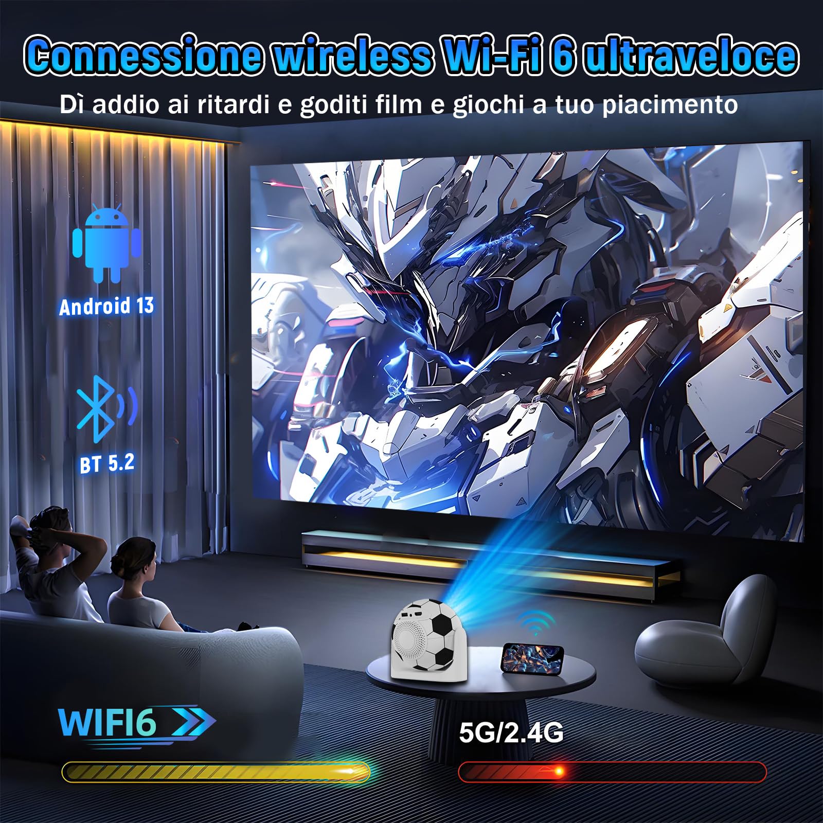 Mini Proiettore Smart TV Android 13 Proiettore Portatile per partite di calcio,Videoproiettore con Correzione Trapezoidale Automatica,1280*720P,WiFi 6 + BT 5.2,Home Theater Projector (Bianco & Nero)