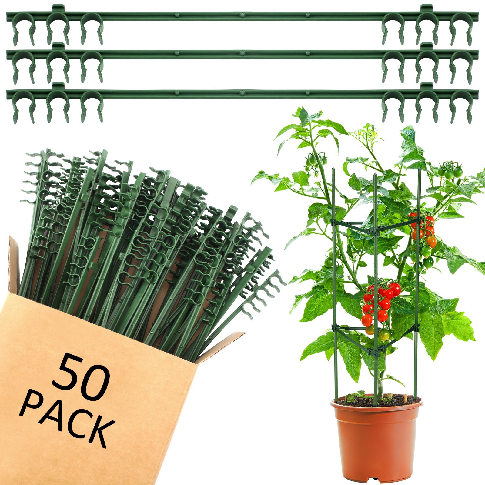 Threehoney 50 brazos de estaca para jaula de tomate, conectores de enrejado expandibles de 11 pulgadas con 6 hebillas, conector de enrejado de jaula de tomate para jaula de tomate, plantas trepadoras