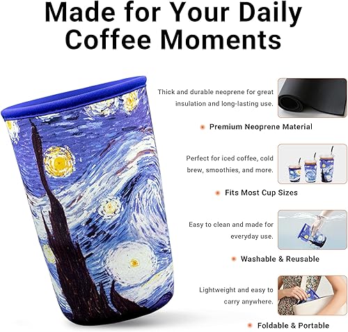 Miniatura 3 de Fundas de neopreno reutilizables aisladas para café helado y soporte para taza de café, ajuste universal de 16-32 onzas para bebidas calientes y