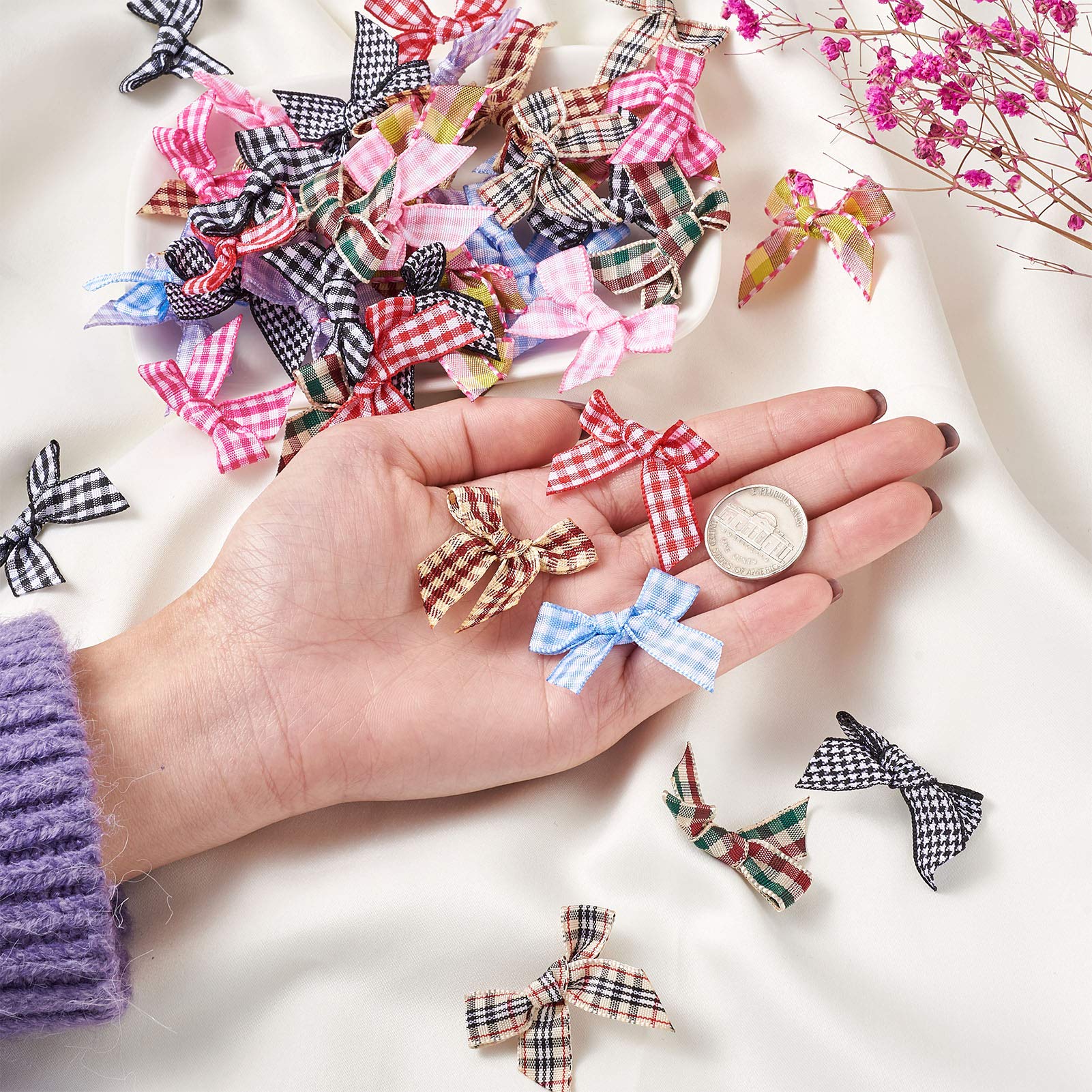 Amazon | Beadthoven ミニリボンボウ チェック柄 約110個入り 11色 布