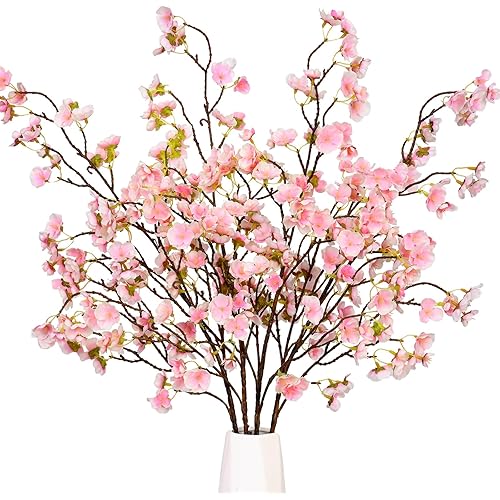 Sunm Boutique Faux Cherry Blossom Branches, Artificial Cherry Blossom Stems Cherry Blossom Flowers Vase Arrangements for Wedding Home Party Kitchen Decor, Light Pink, Set of 3