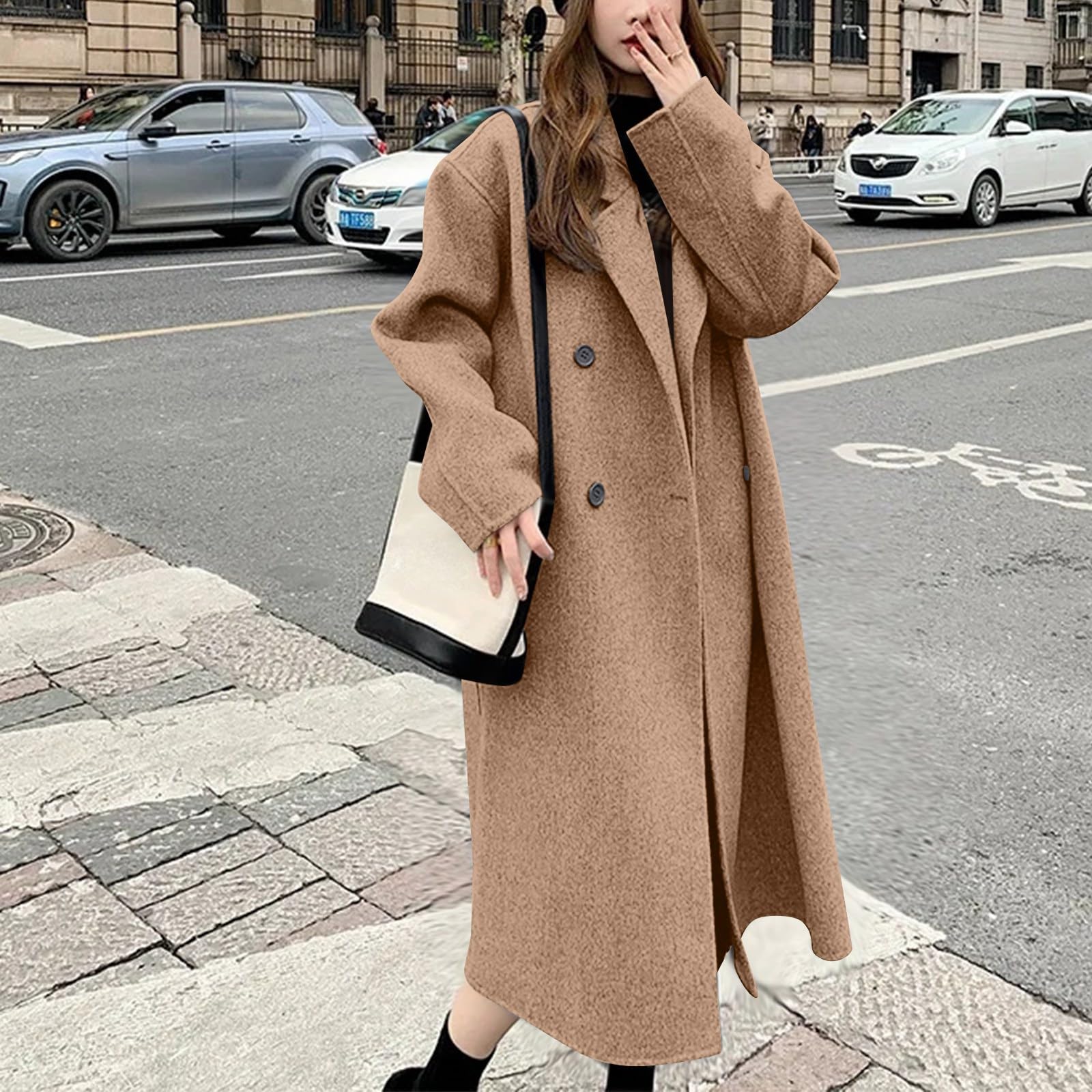 Generisch Wintermantel Damen Lang Wollmantel Winter Warm Mantel Elegant Damenmantel Einfarbig Trenchcoat Mit Knöpfen Wintercoat Langarm Übergangsjacke Kuschelig Revers Jacke Ohne Kapuze Winterjacke