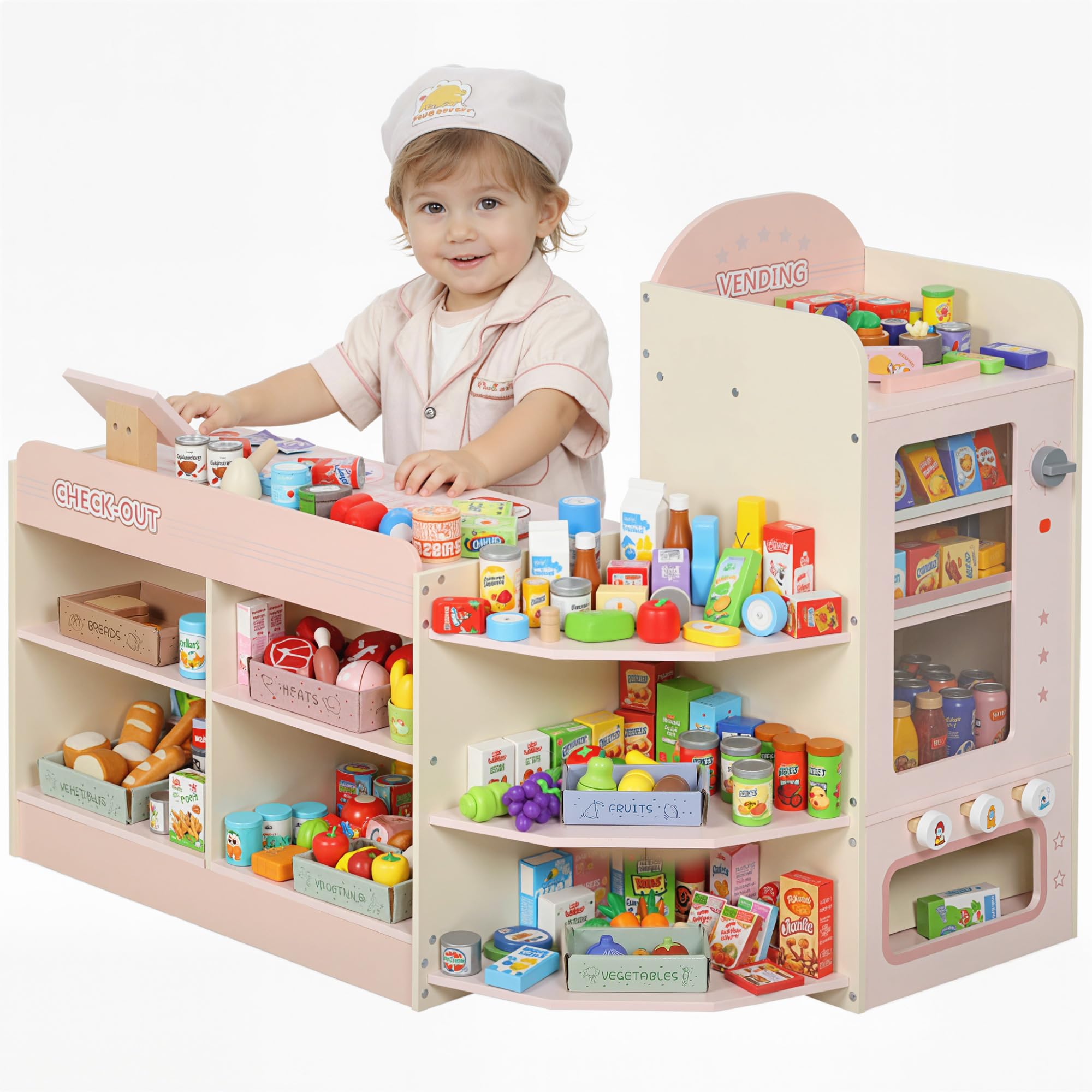 AIYAPLAY Supermercado Juguete Madera, Tienda de Comestibles con Caja Registradora, Máquina Expendedora, 3 Estantes Abiertos, 4 Compartimentos y Cajas Etiquetadas, para Niños de +​3 Años, Rosa