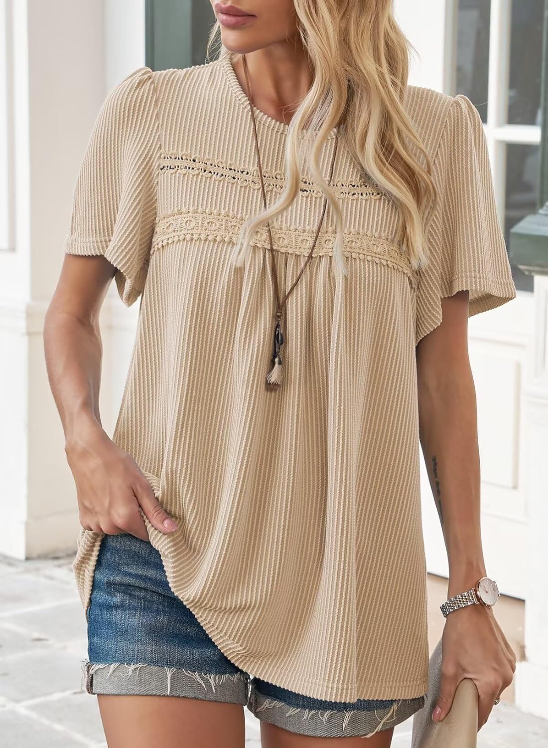 Falechay Womens Summer Tops Crewneck Short Sleeve Striped Shirts Casual Ribbed Blouses Flowy Hem Boho Clothing 2026