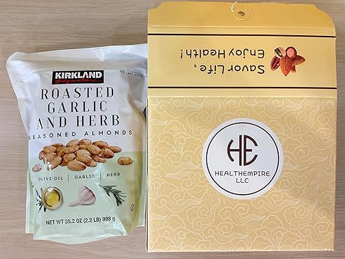 Kirkland Signature - Almendra asada con ajo y hierbas, 1 bolsa de 2.2 libras (empaquetado con caja de regalo HealthEmpire LLC)