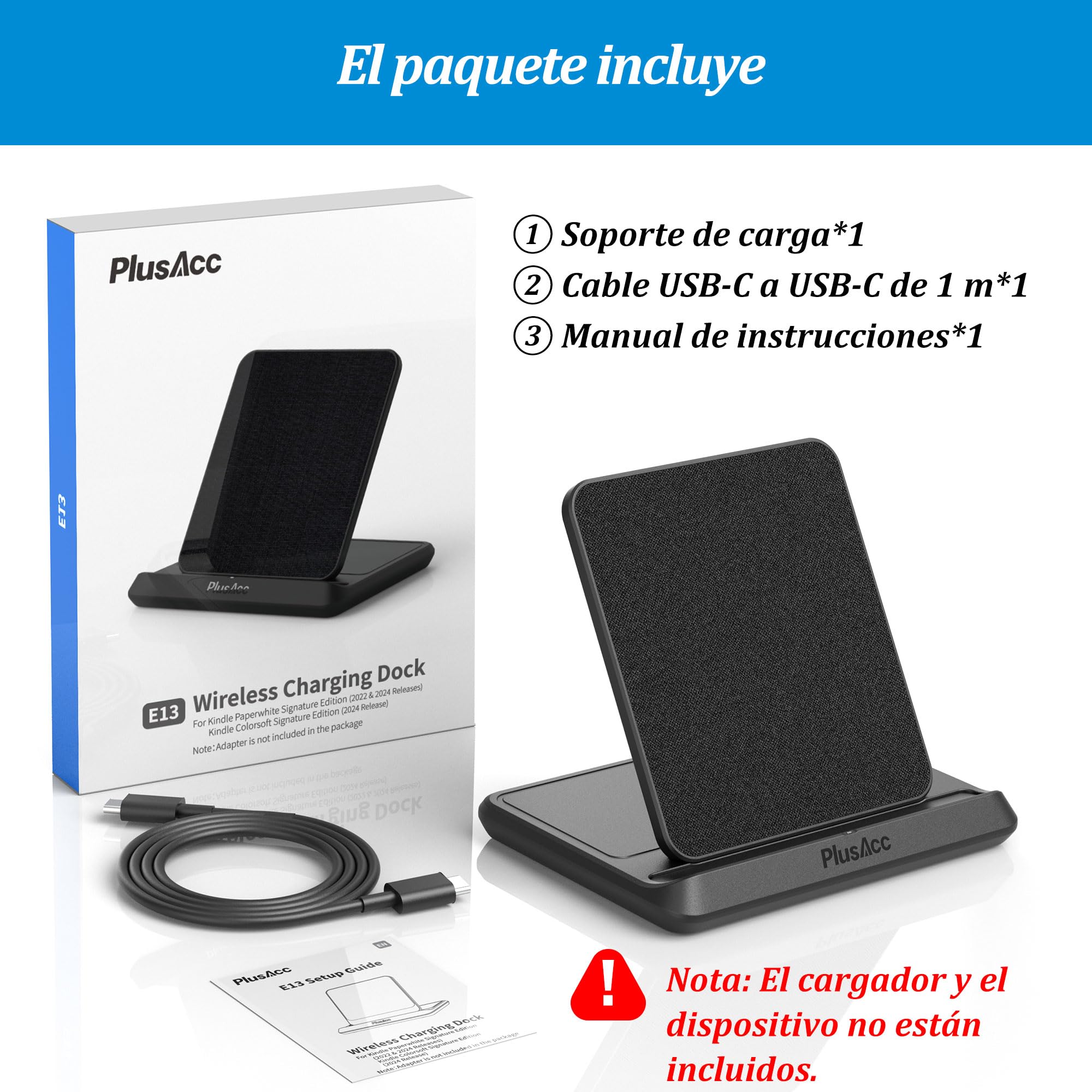 PlusAcc Cargador Inalámbrica para Kindle Paperwhite Signature Editions (Modelos 2022 y 2024) y Colorsoft Signature Edition (32 GB), Soporte de Carga Plegable portátil Compatible con iPhone 15 Pro MAX
