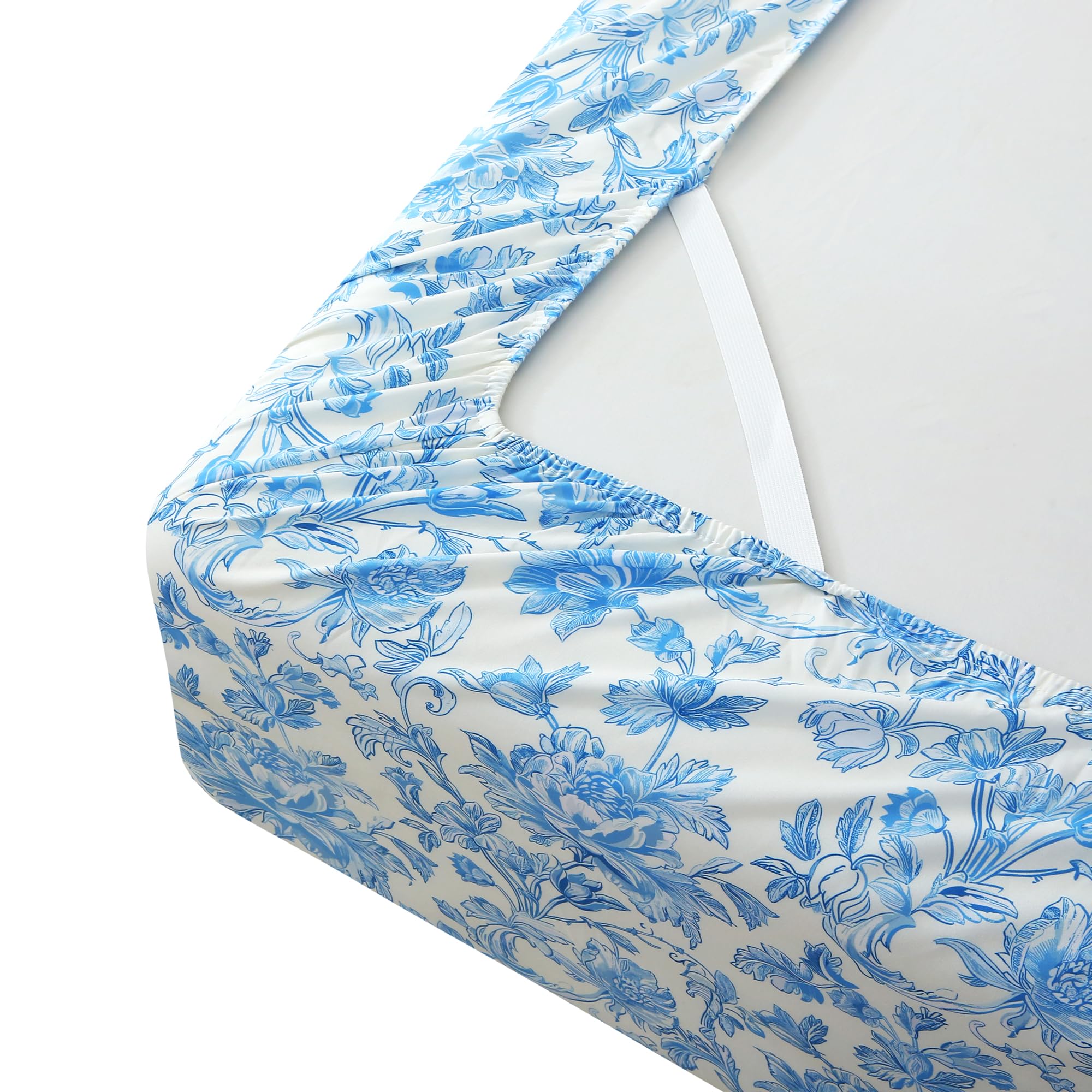 Mooreeke Cozy Floral Microfiber Printed Queen Sheet Set - Soft & Breathable Percale Blue Floral Bed Sheets with Extra Deep Pocket - Non-Slip Fitted Design - Beige Blue Flower Pattern - Queen