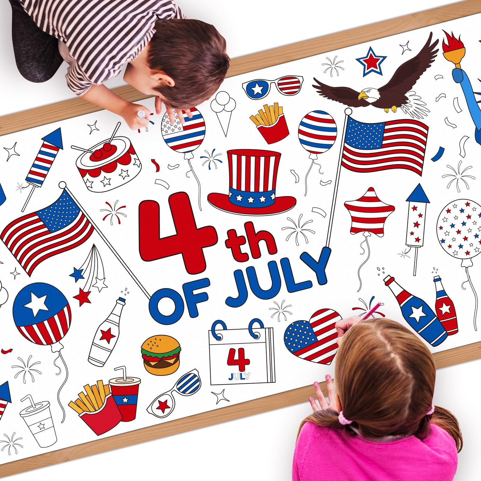 Childom 1 Pack Fourth of July Coloring Tablecloth for Kids,4th of July Crafts for Kids 30"x72" Giant Coloring Poster Table Cloth,Large Paper Poster