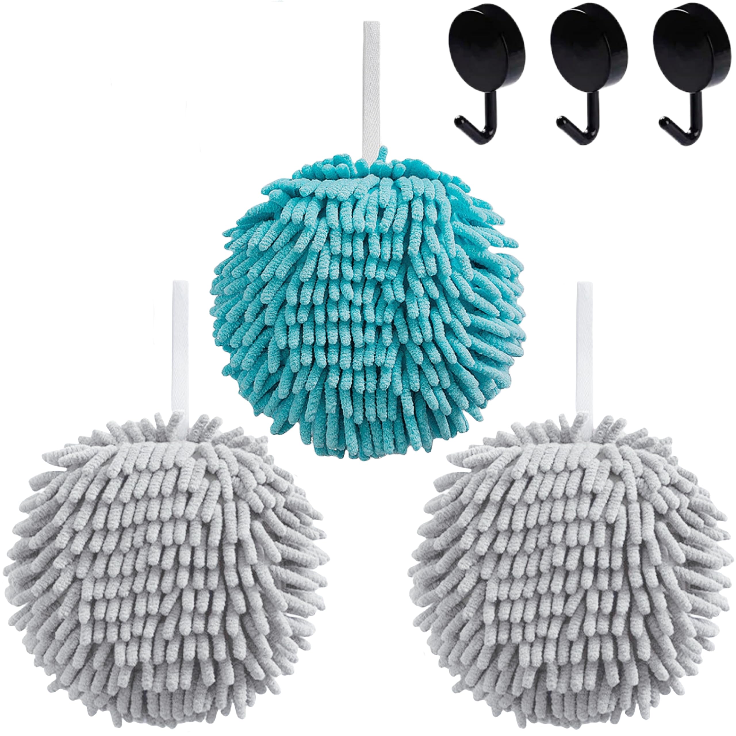 Juego de 3 toallas de mano de felpilla mullida, suaves, absorbentes, de secado rápido, para baño y cocina con 3 ganchos (2 grises + 1 azul)
