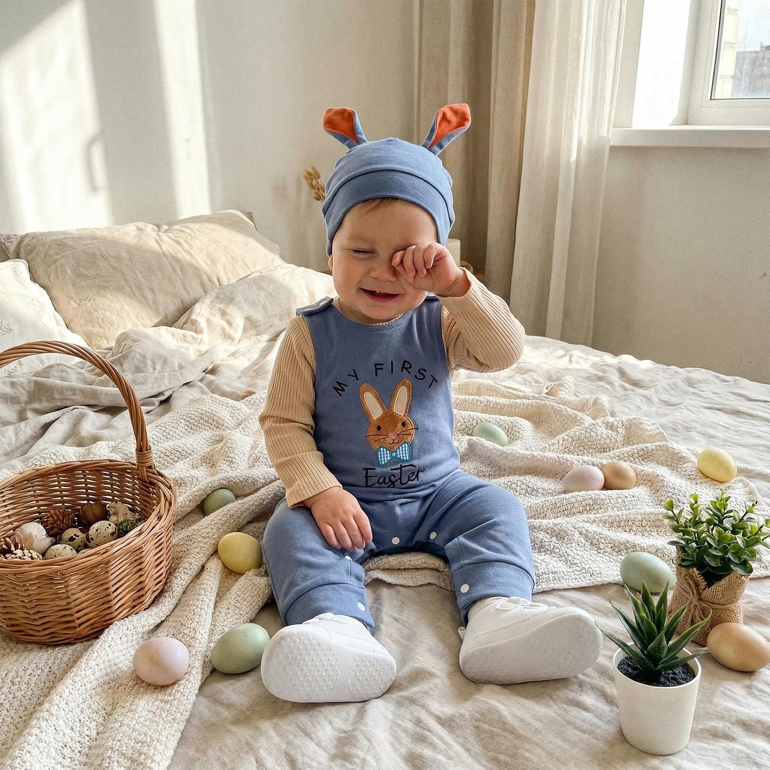 Baby Boy My First Easter Outfit Long Sleeve Romper with Embroidery Rabbit Overall Pants and Hat Infant Outfit