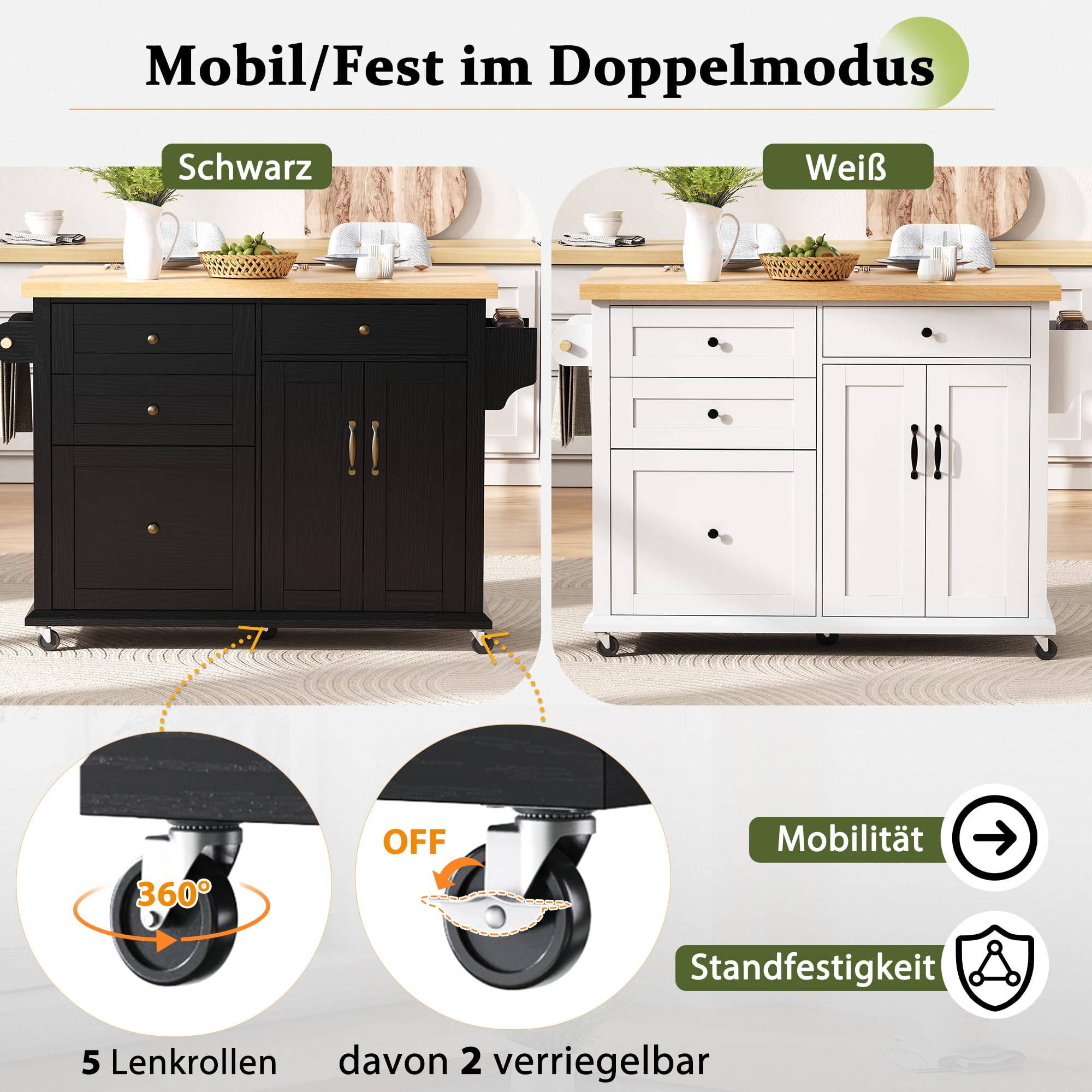 Isola da cucina mobile, carrello da cucina, tavolo da pranzo estensibile, armadio da cucina con ruote, cassetti multifunzione, per cucina, sala da pranzo, 107 x 45 x 90,5 cm (nero)