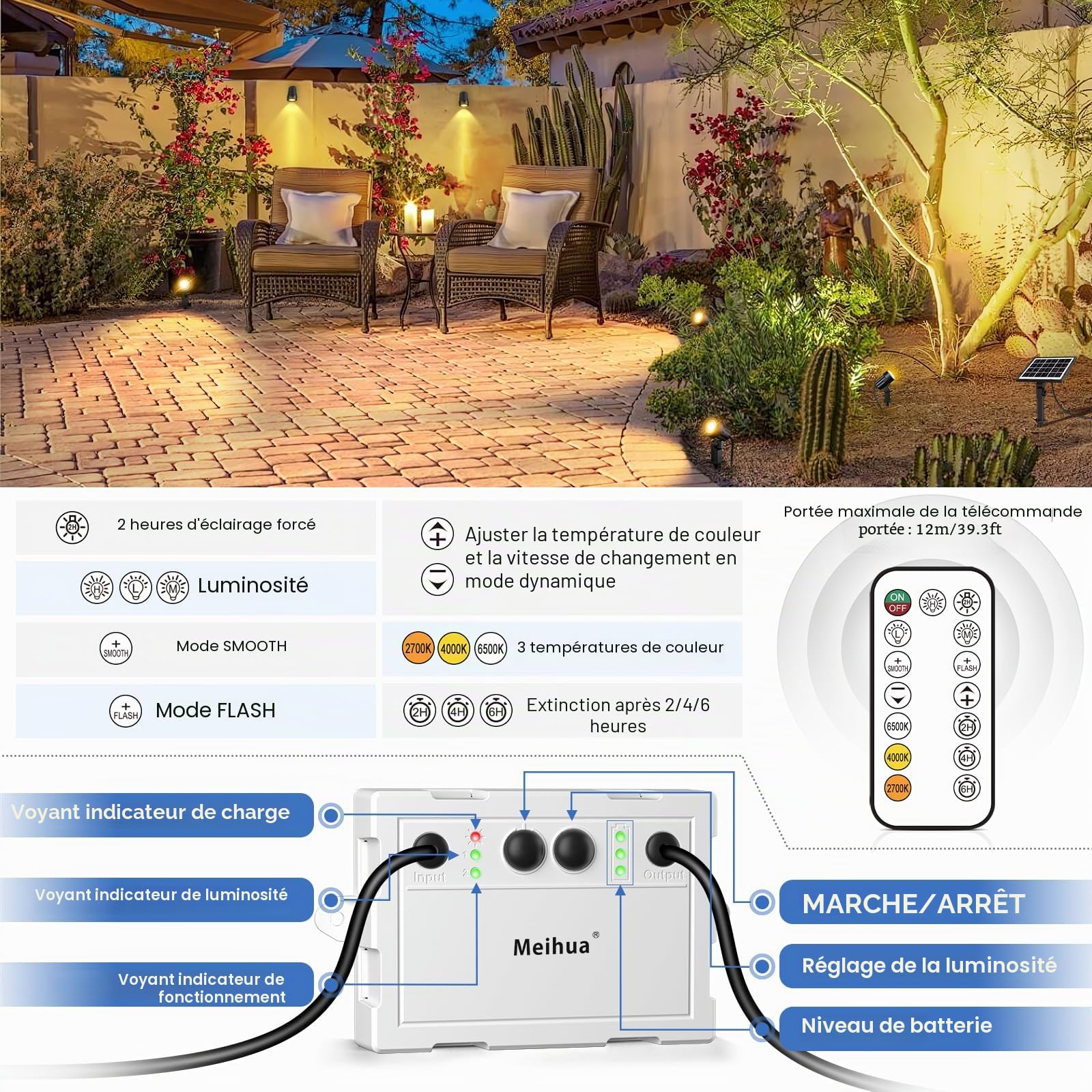 MEIHUA Lampe Solaire Exterieur Avec Télécommande 2700K-6000K IP66 Etanche | Spot Solaire 3 Luminosité 2 Modes Dynamiques Minuterie Éclairage Extérieur Pour Chemins Jardin Terrasse Halloween Noël