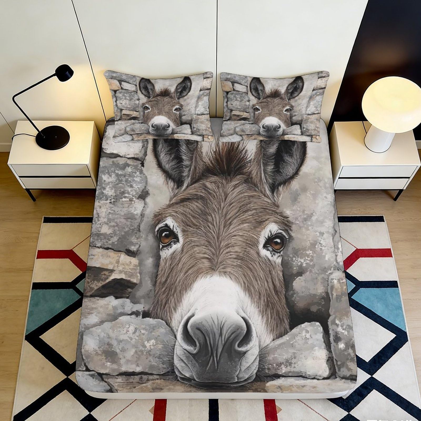 3D Printed Donkey Face Fitted Sheet Microfiber Soft Breathable Animal Print Bed Cover for Bedroom Dormitory Guest Room Mattress Protection Decor 160x200x25cm