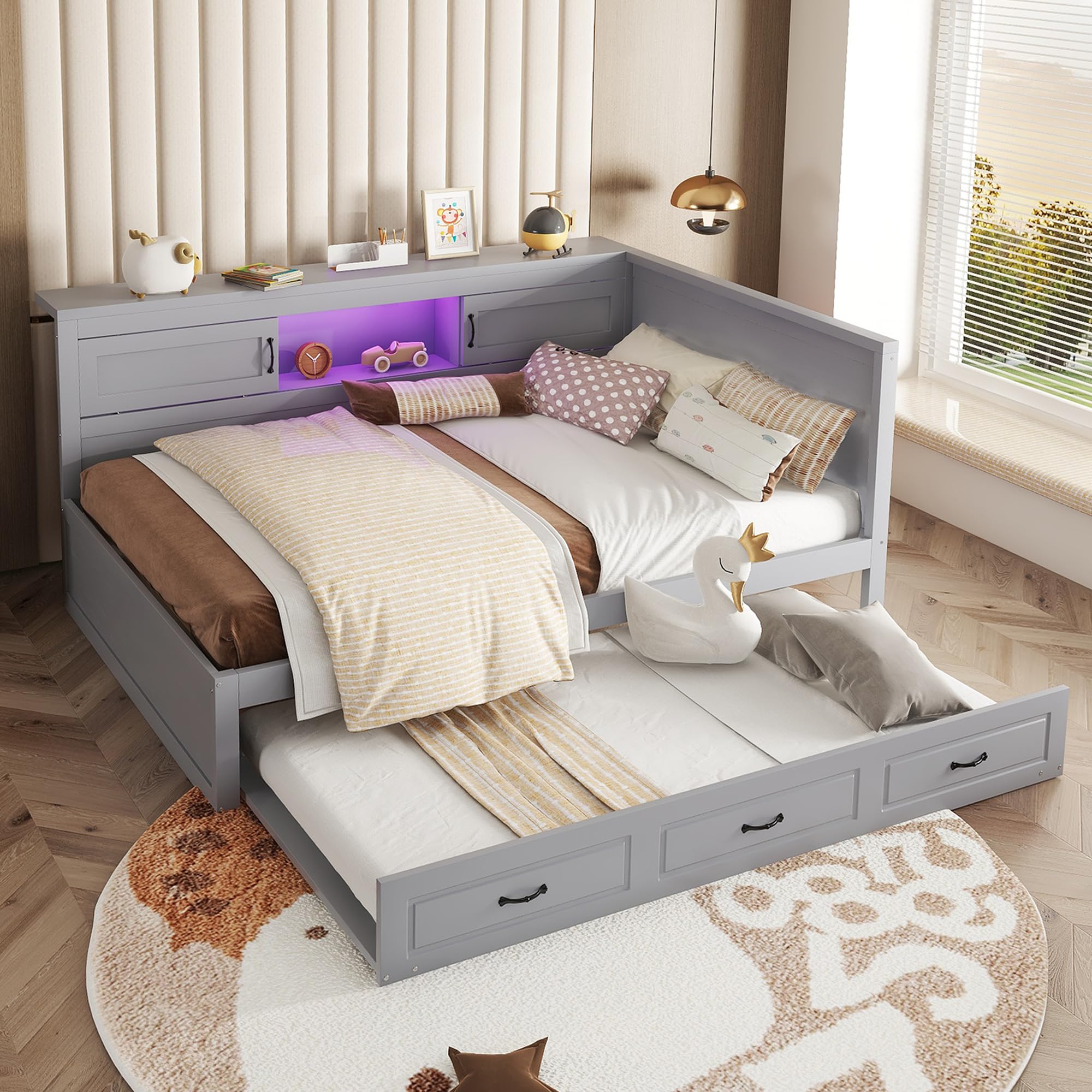 Tagesbett Schlafsofa 140x200 cm, Multifunktionsbett mit Ausziehbarem Bett 90x190 cm, USB-Steckdose, Ambientebeleuchtung und Bettseitiges Staufach,