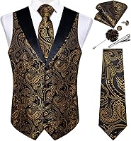 DiBanGu Men's Silk Paisley Suit Vest Necktie Set 7PCS Shawl Collar Waistcoat for Wedding Party Formal Wear