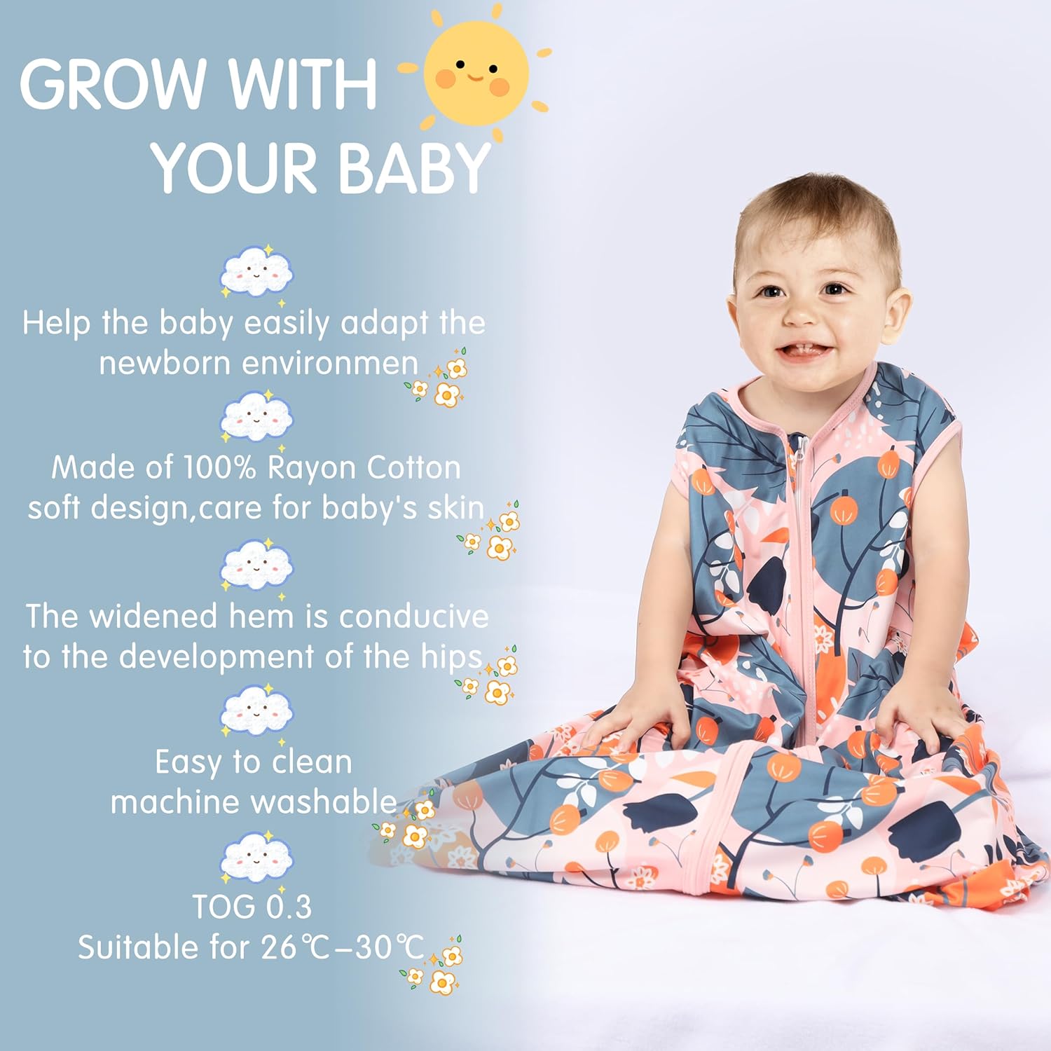 3 Pack Baby Sleep Sack 100% Rayon Cotton Baby Sleeping Bag 2-Way Zipper Toddler Wearable Blankets TOG 0.3. (Gerbera&Tulips&Pink, 6-12 Months) - Image 5