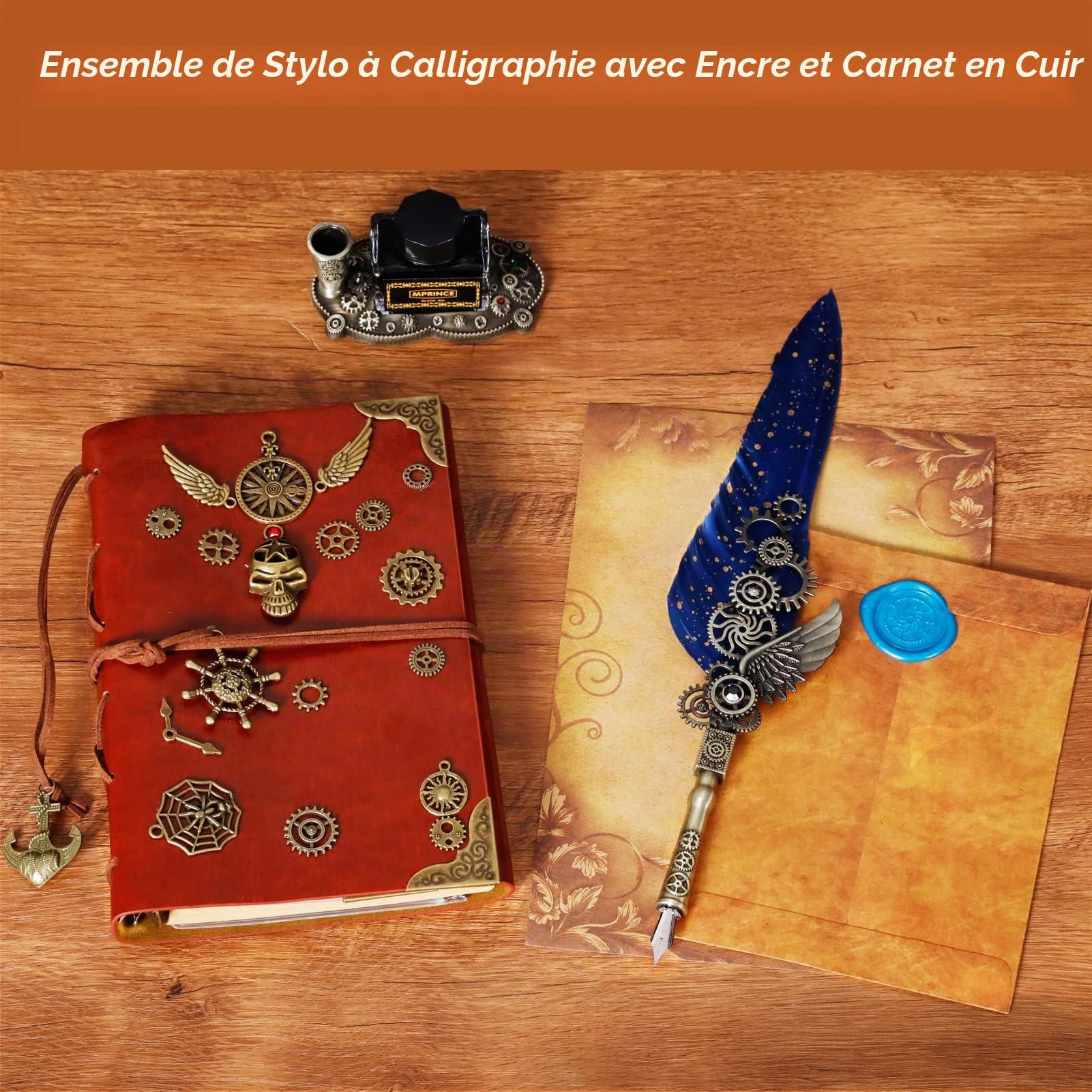 MPRINCE Lot de 5 stylos à plume en cuir - Avec stylo à quille,carnet de notes,5 plumes interchangeables,tampon à sceau(violet)