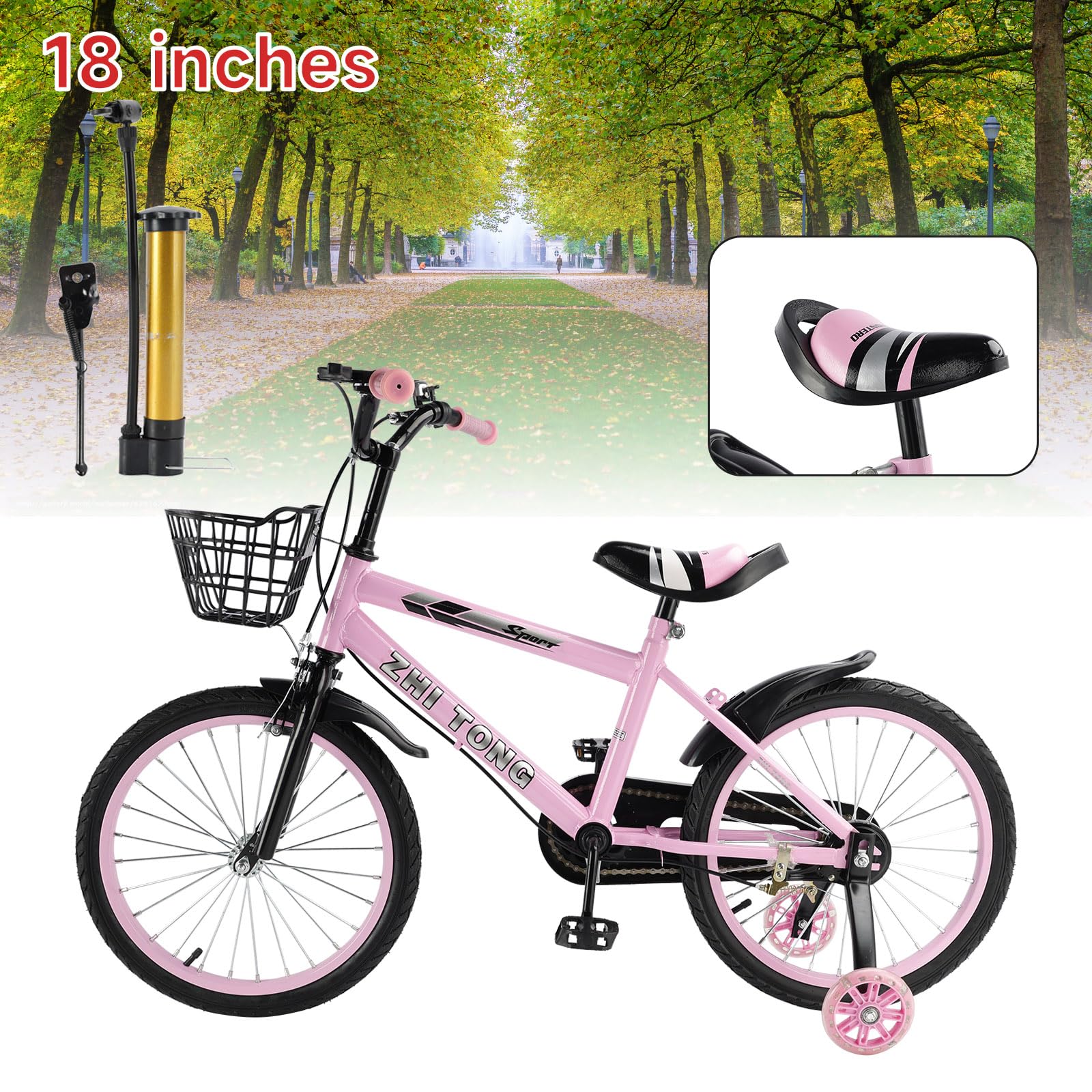 18 Zoll Kinderfahrrad, Verstellbarer Sitz & Lenker, Kohlenstoffstahlrahmen, Doppelbremsen, Stoßfeste Speichenräder, Magnetische Blitzräder, Abnehmbare Stützräder, Jungen/Mädchen Fahrrad