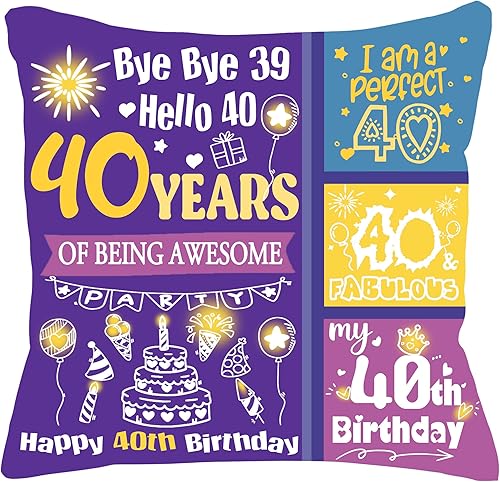 Regalos para cumpleaños de 40 años, decoraciones coloridas de doble cara de cumpleaños, fundas de almohada de 18 x 18 pulgadas, regalo de cumpleaños