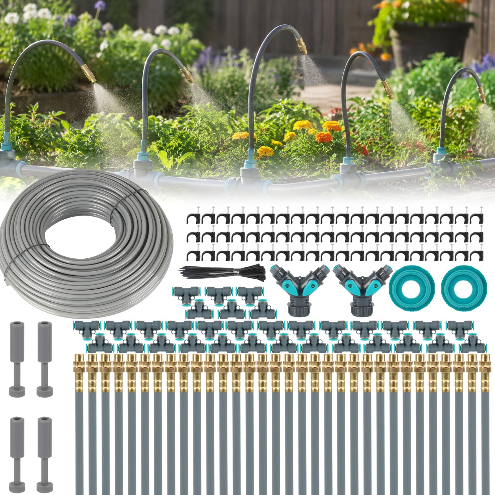 60 m Bewässerungssystem Garten, 32 verstellbare 360° Kupferdüsen, Tropfbewässerungsset mit Schnellanschluss, Sprüh- & Tropffunktion, für Balkon, Gewächshaus, Hochbeet & Rasen