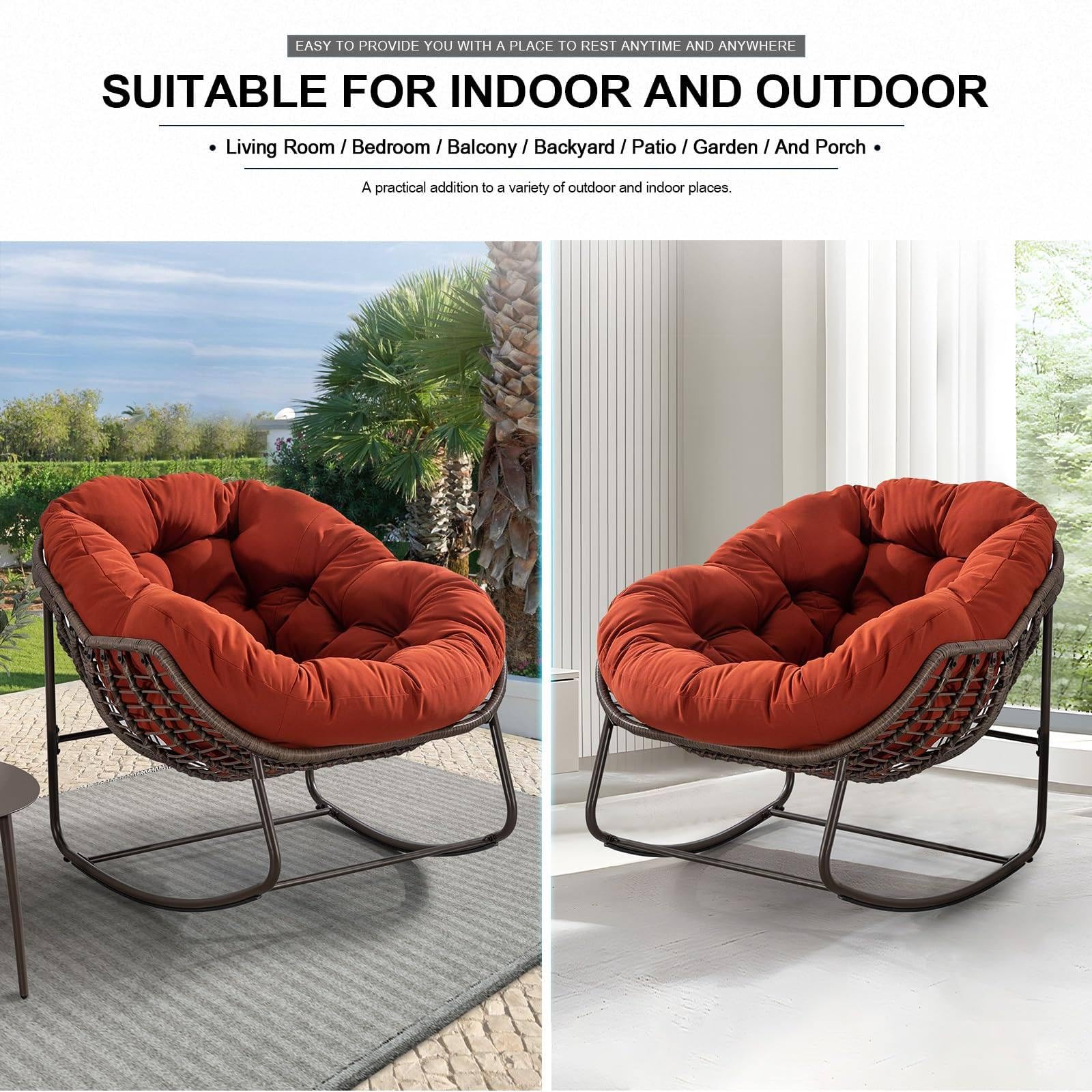 Sedia a dondolo da veranda per uso interno ed esterno - Reclinabile in rattan a 30° con cuscino imbottito,Carico massimo 250 libbre (117 kg) - Ideale per patio,giardino e soggiorno,Orange