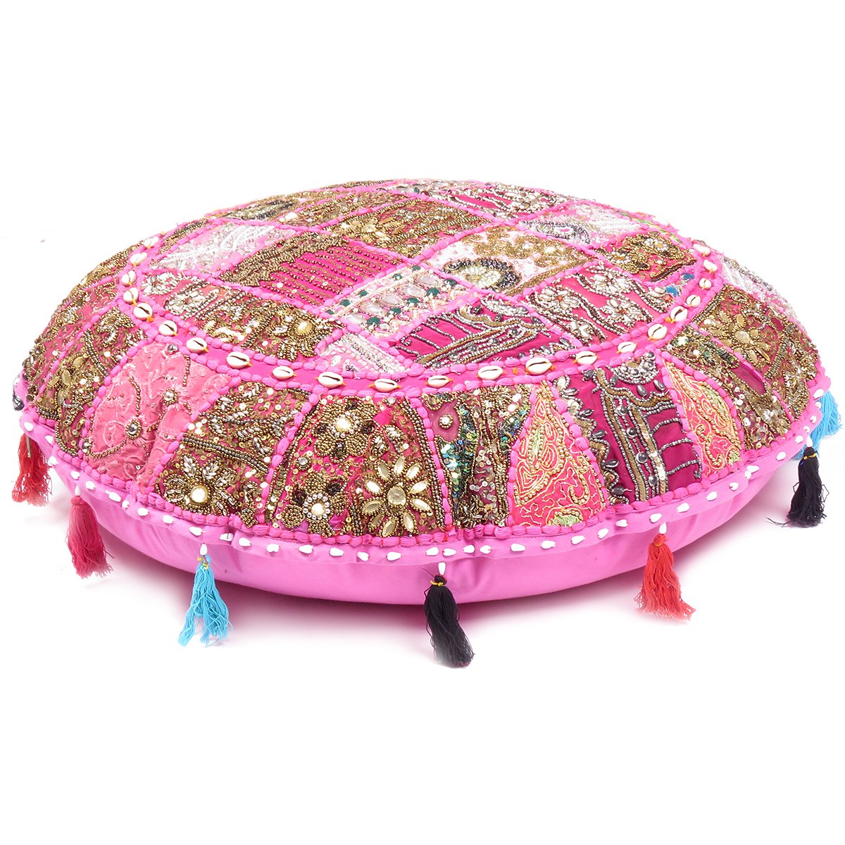 Goood Times Boho Patchwork Bohemian Round Floor Pillow Ottoman Pouf Seashell- 28" (Pink)