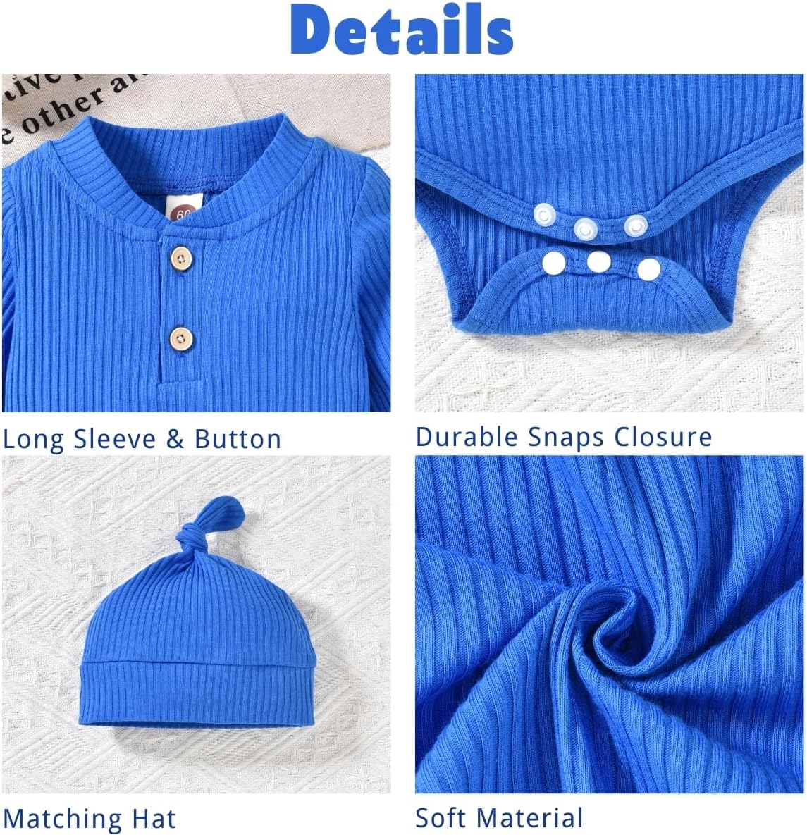 Aalizzwell Gender Neutral Long Sleeve Baby Ribbed Outfit with Hat & Headband - Image 2