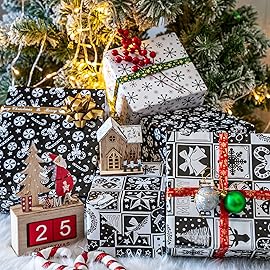 LeZakaa Green Christmas Wrapping Paper Roll, Fox, Squirrel, Reindeer & Chrismas Tree, Green Plaid for Winter Holiday Party, 17 x 120 inches, 3 Mini Rolls