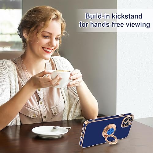 Miniatura 6 de Hython Funda para iPhone 13 Pro con soporte de anillo, soporte de anillo giratorio de 360, soporte magnético, chapado en oro rosa, TPU suave,